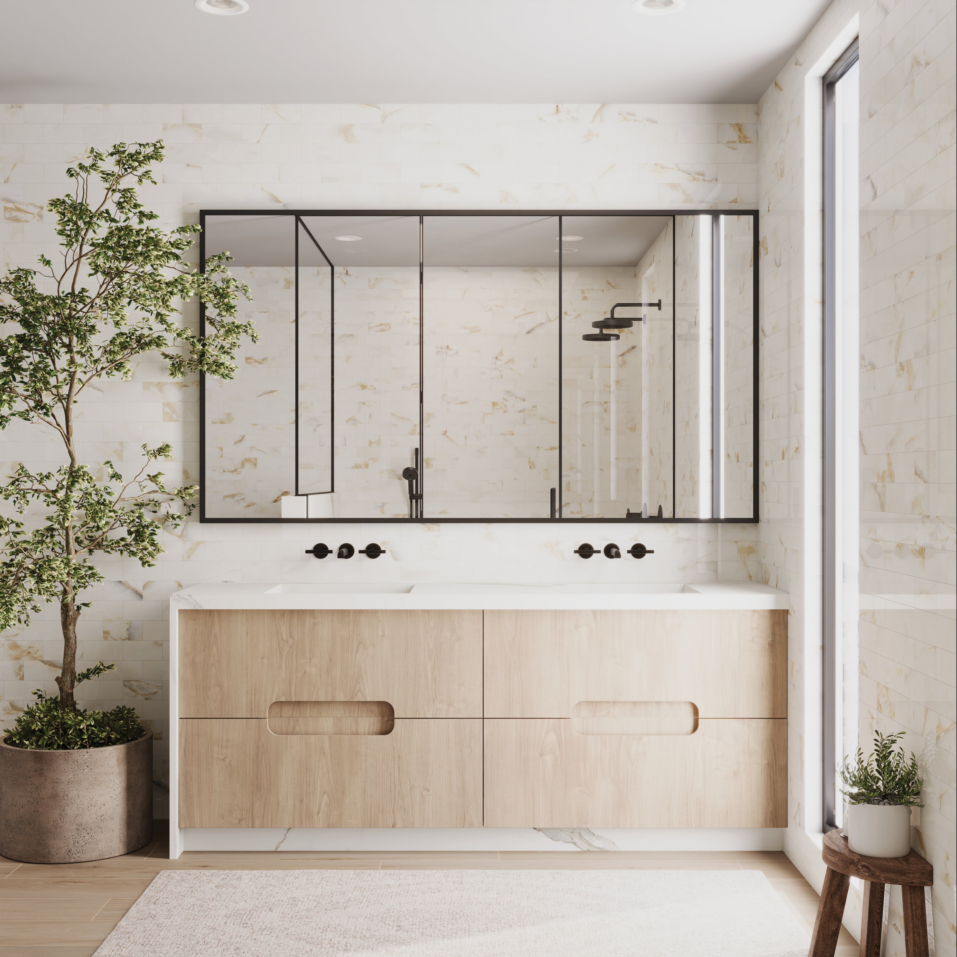 Modern bathroom with a double sink vanity featuring light wood cabinets, a large black-framed mirror, and white wall tiles accented with gold veining.