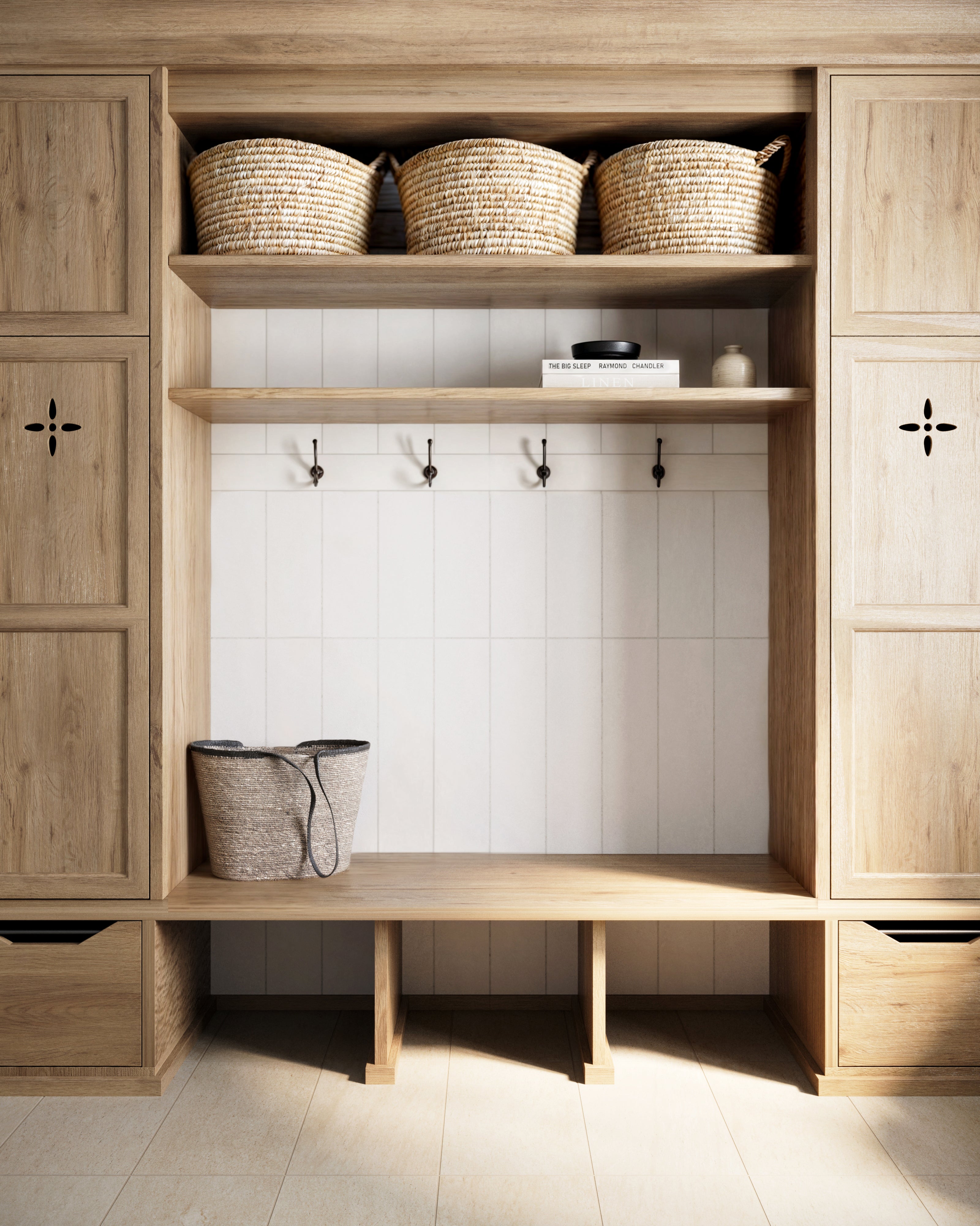 Warm and inviting mudroom featuring Dax White 6x24 matte porcelain tiles, complemented by natural wood shelving and woven baskets for a cozy aesthetic.