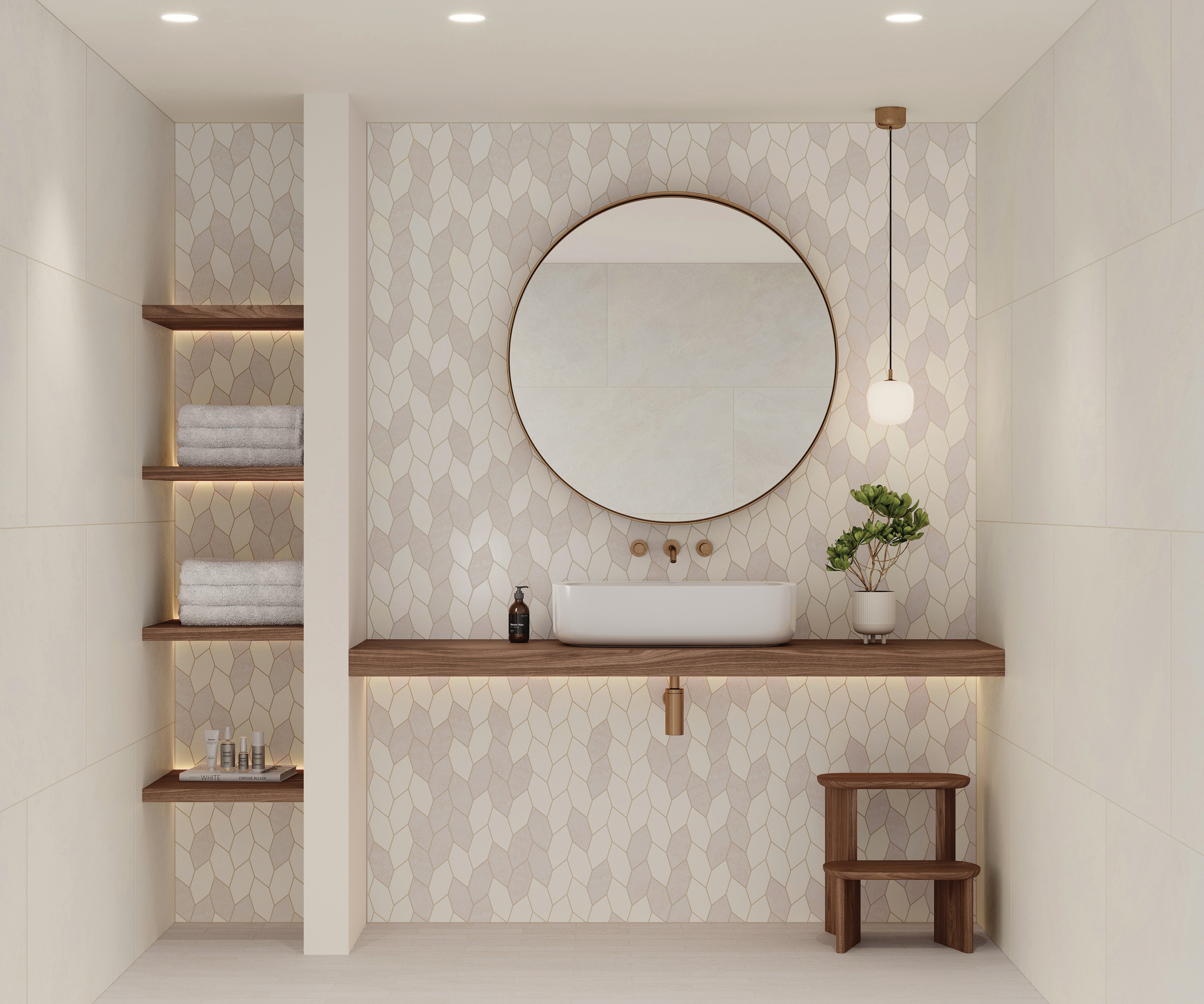 Modern bathroom with a wooden floating vanity, leaf-patterned mosaic backsplash, round mirror, and built-in shelving.