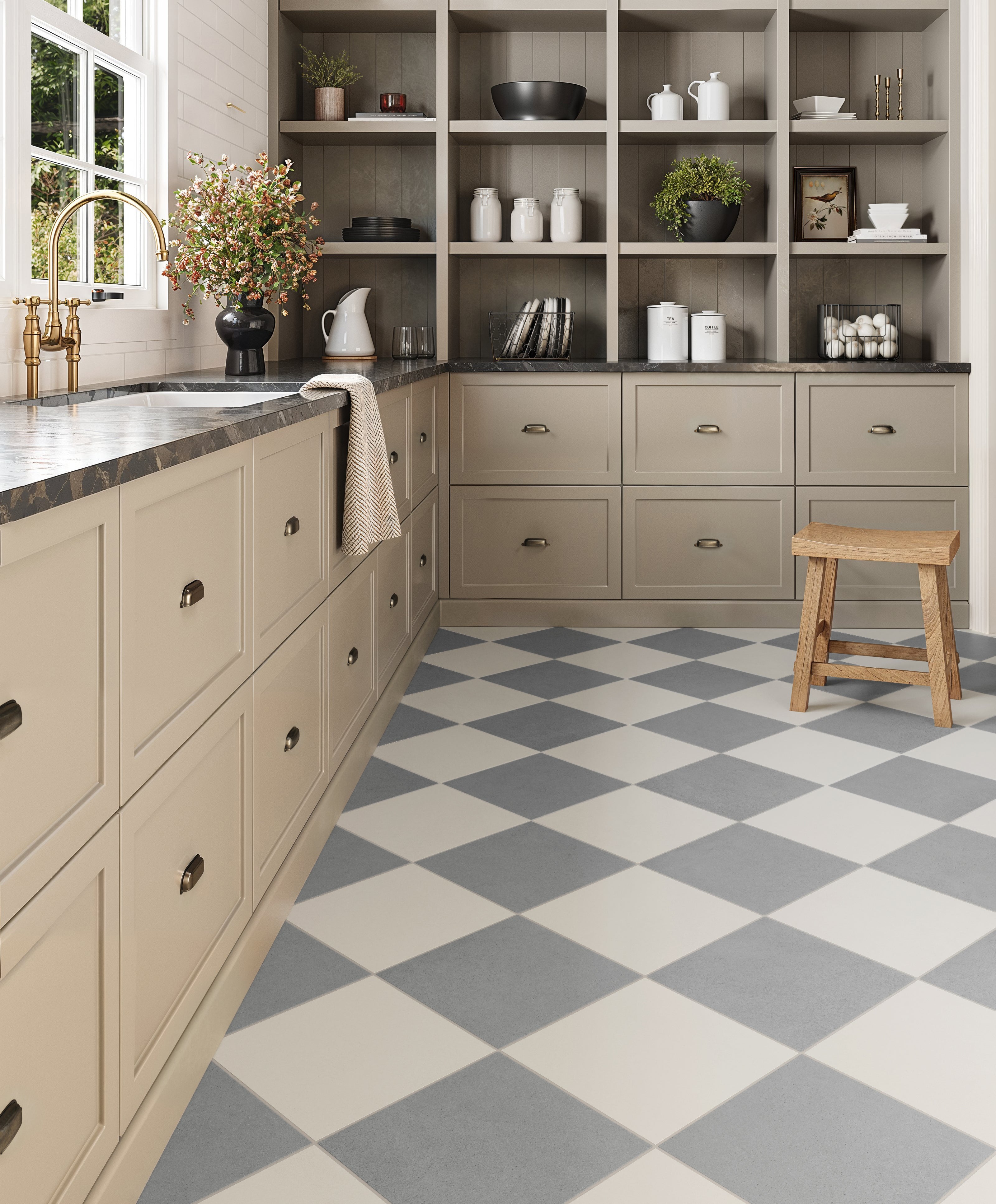 Modern farmhouse kitchen featuring beige cabinetry and Palmer 12x12 checkerboard matte porcelain tiles in white and grey.