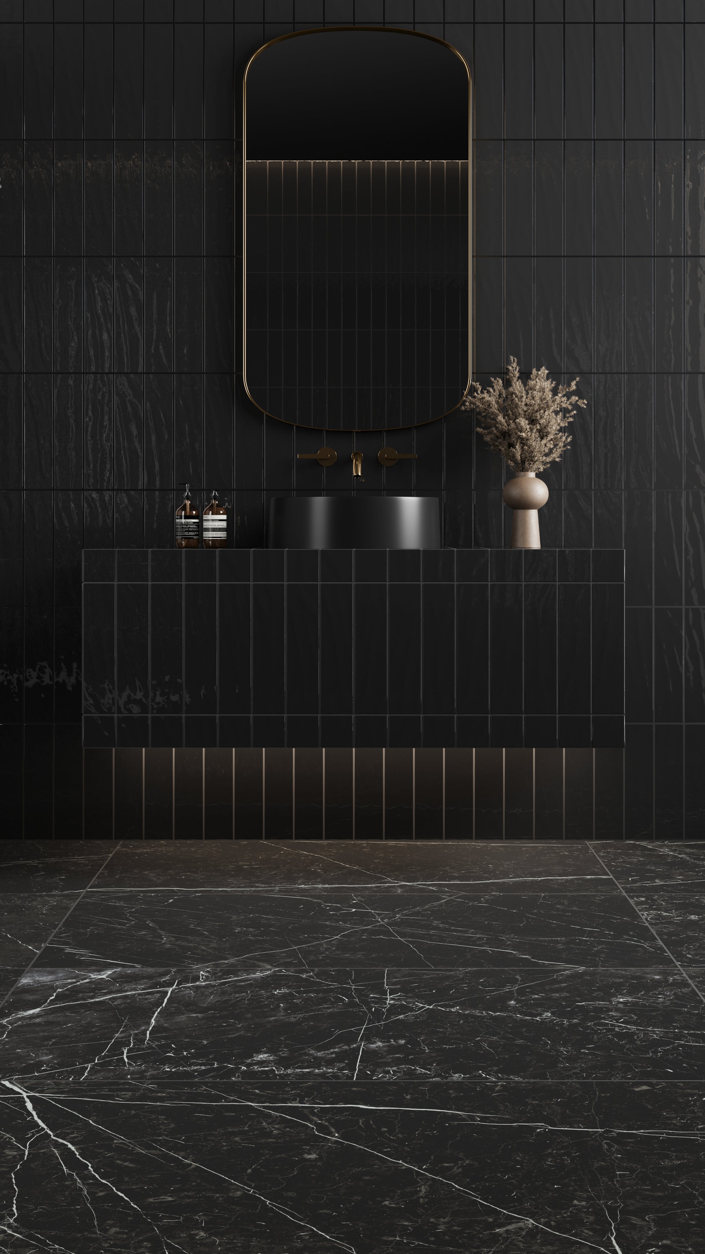 Luxurious bathroom featuring glossy black tiles with a wavy texture, a sleek black vanity, and a modern oval mirror.