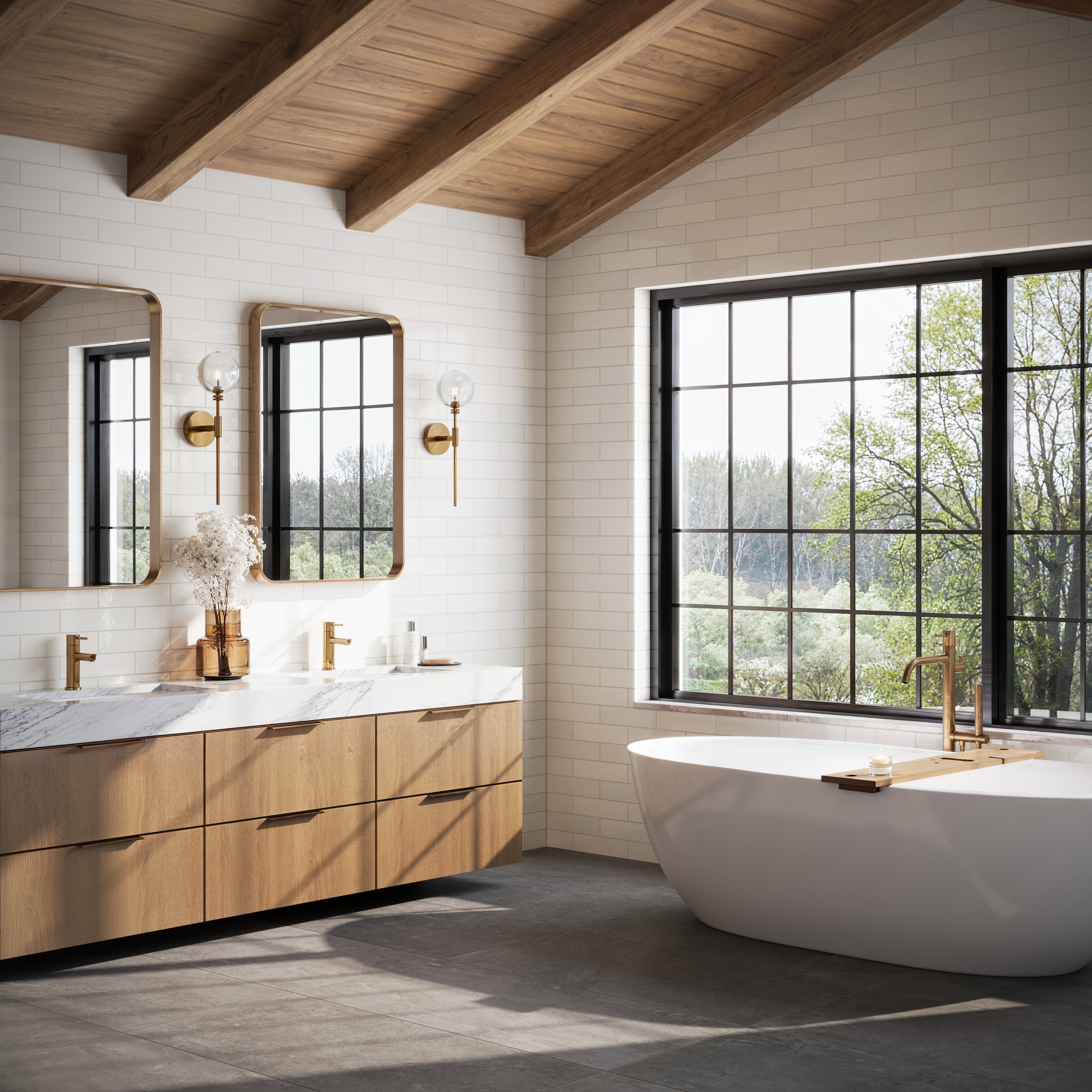 Bright and airy bathroom showcasing Teagan 3x12 glossy ceramic tiles in pearl, paired with natural wood cabinetry and a freestanding tub.