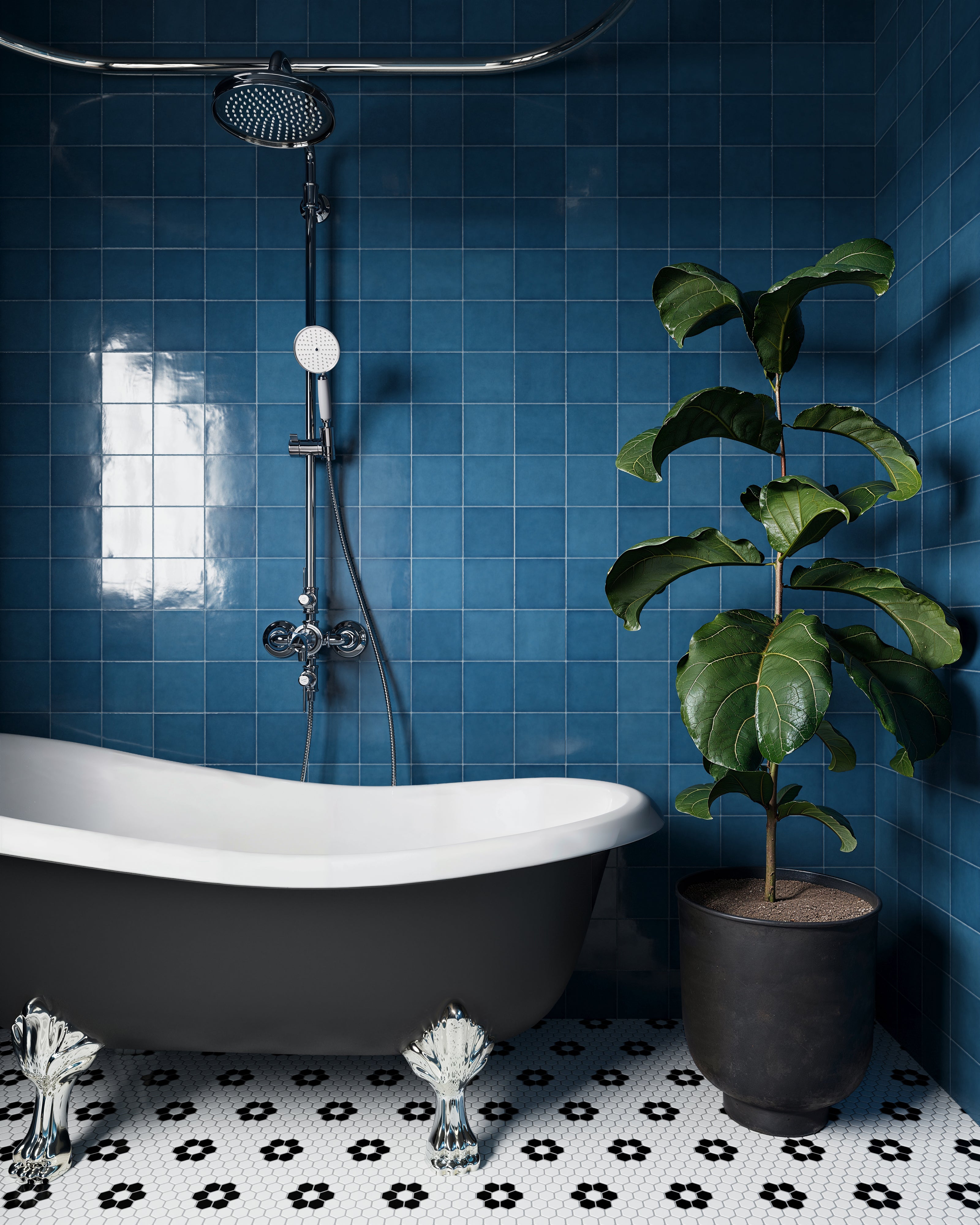 Vintage bathroom design featuring Mikayla deep blue glossy square tiles, a clawfoot bathtub, and patterned black-and-white hexagon flooring