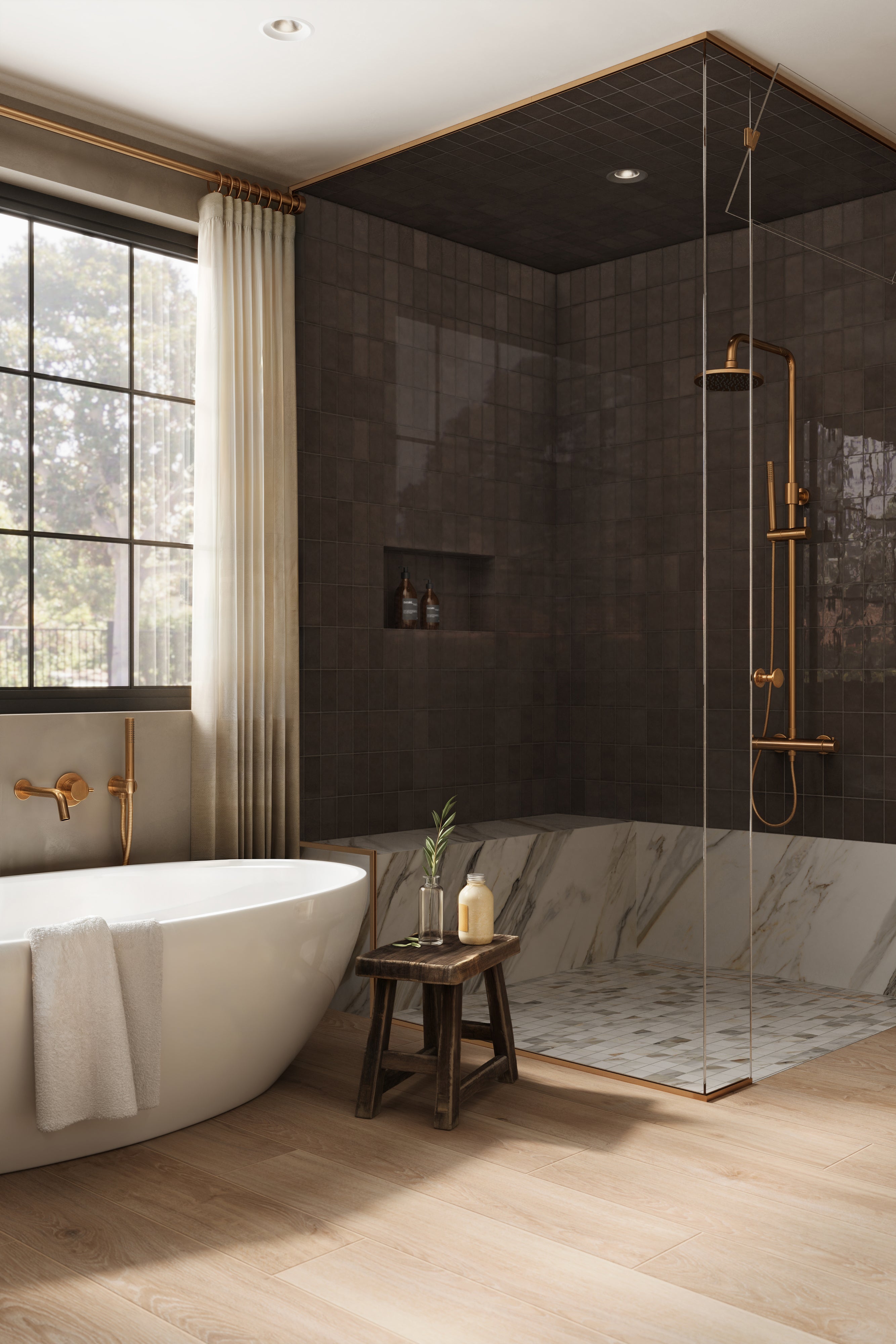 Luxurious bathroom featuring glossy Mikayla dark brown subway tiles on the shower walls, marble accents, and warm brass fixtures for a sophisticated retreat