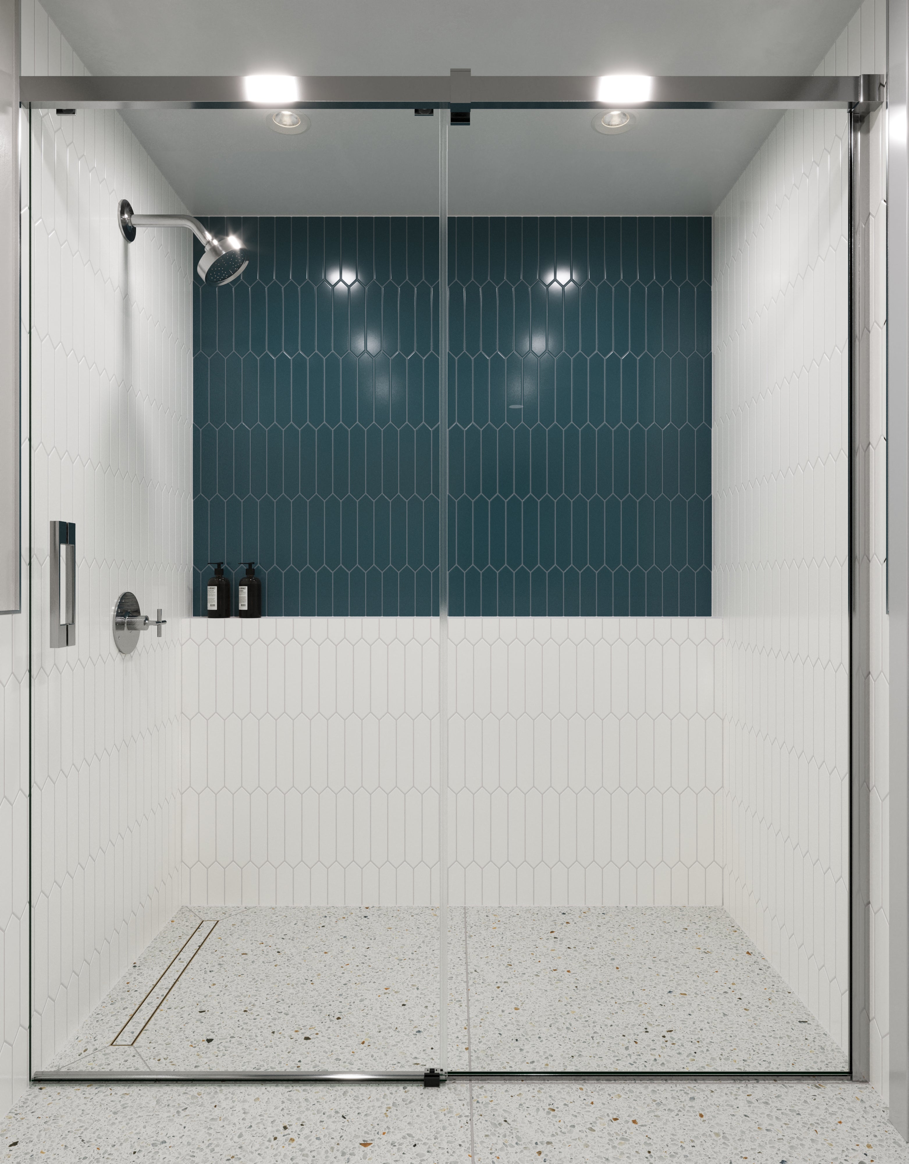 Modern shower featuring a striking teal picket tile accent wall paired with matte white picket tiles and a terrazzo floor, creating a sleek and vibrant design.