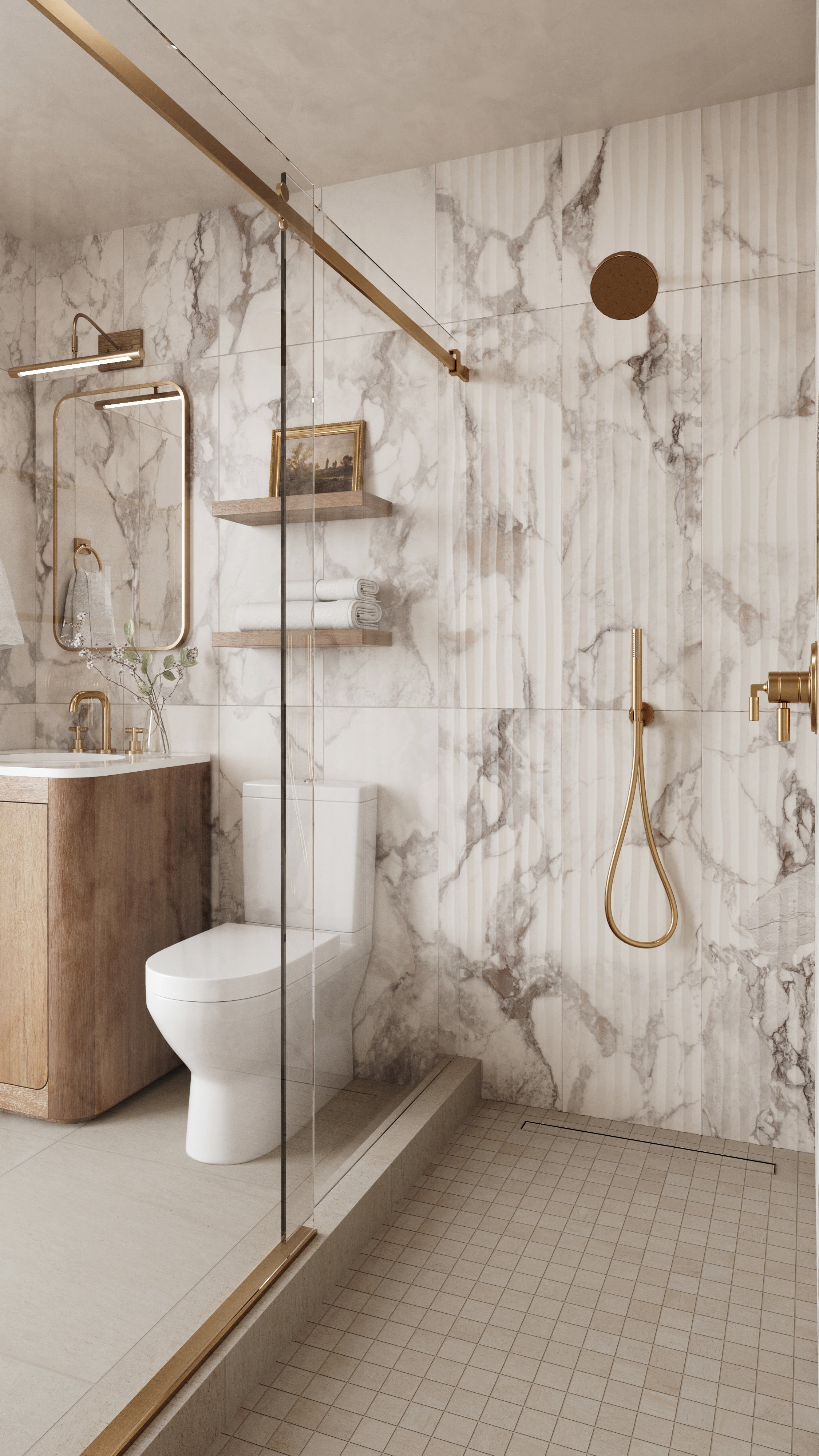 A contemporary bathroom with marble-patterned walls, gold fixtures, and a modern glass shower enclosure.