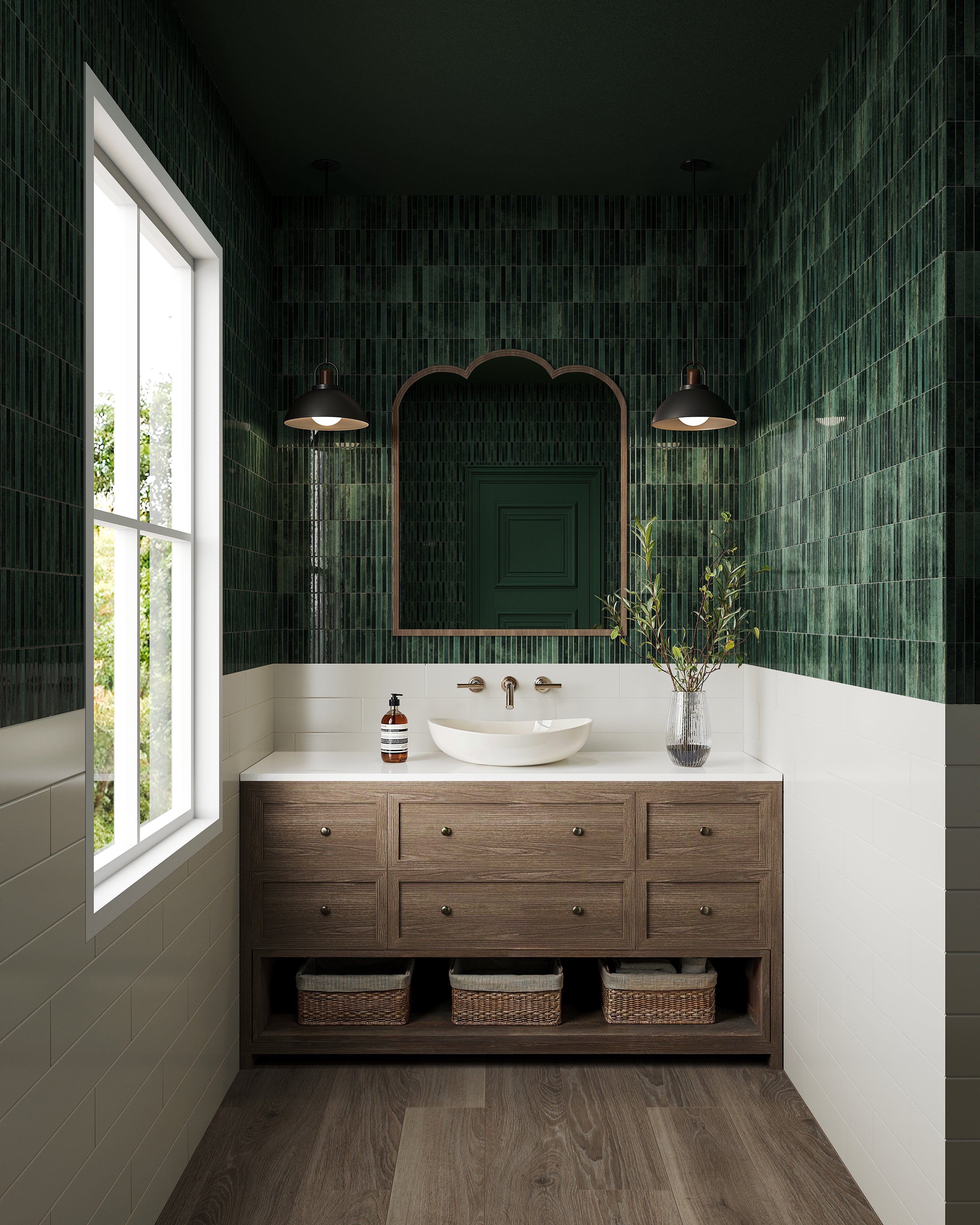 Charming powder room featuring rich green vertical mosaic tiles, a rustic wood vanity with brass fixtures, and a rustic wood vanity with brass fixtures, and Jameson 8x48 Matte Porcelain Tile in Umber flooring for a cozy, natural touch.