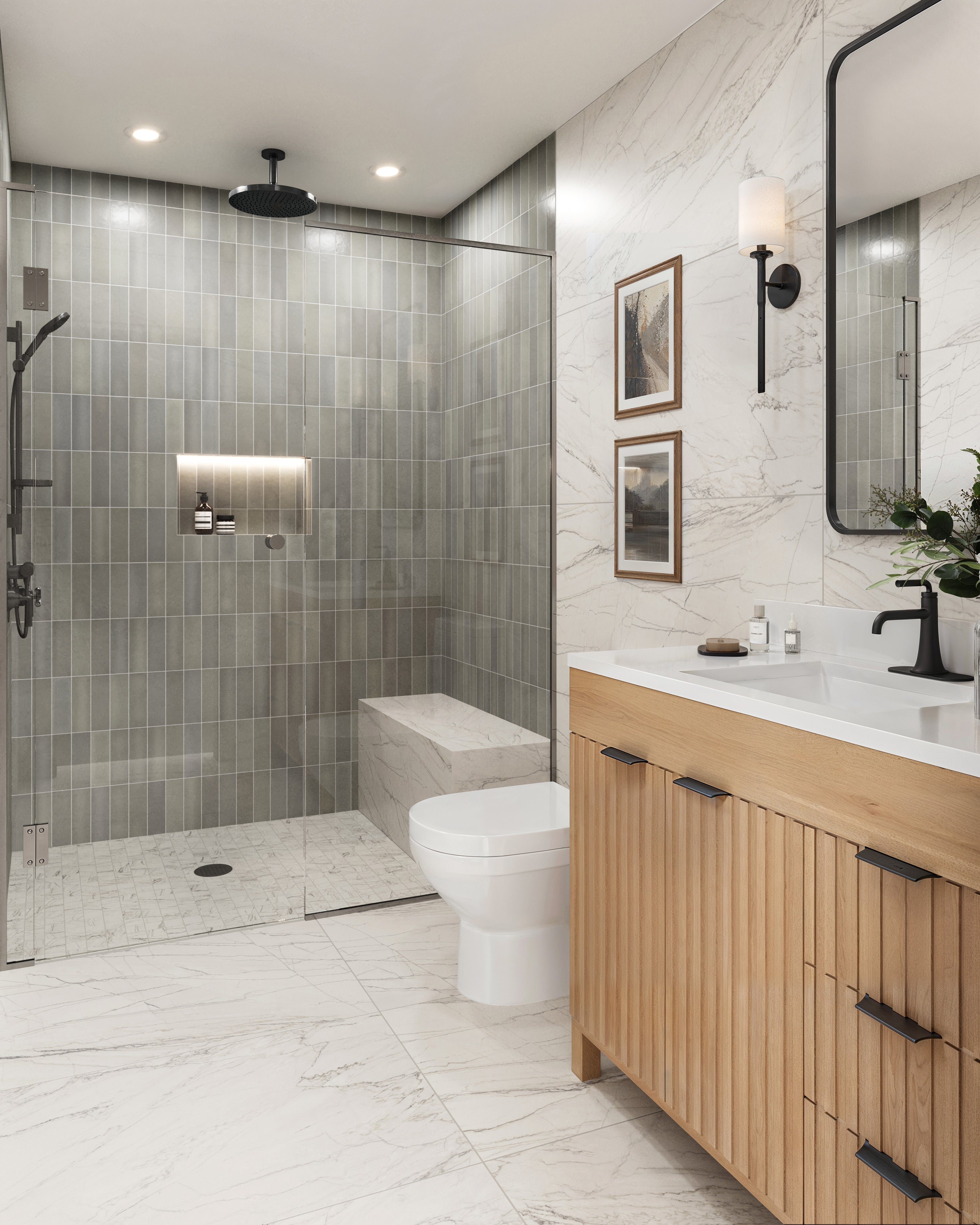 A contemporary bathroom featuring brownish-gray shower tiles, marble look walls and floors, a light wood vanity, and black fixtures, blending warmth with modern sophistication.