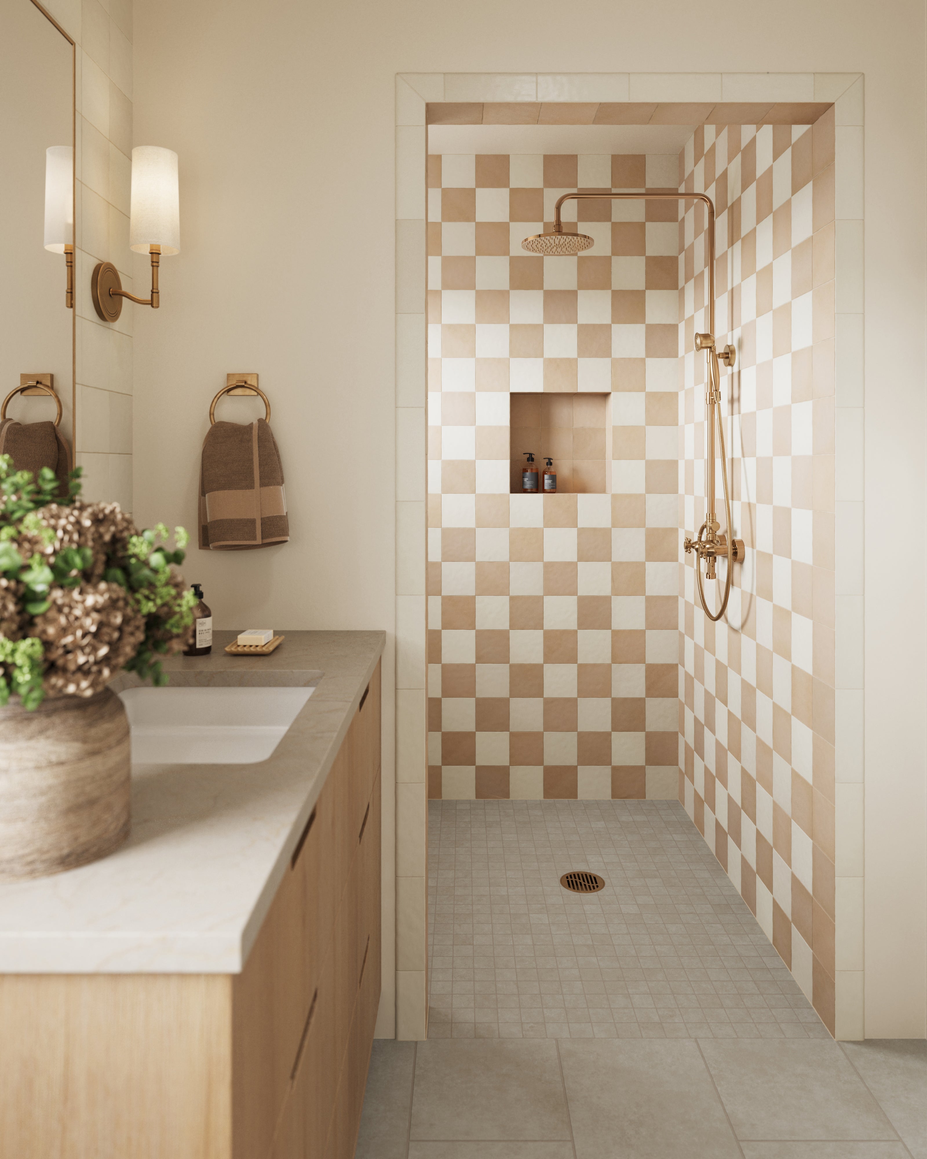 Elegant white bullnose tiles lining a chic checkered shower, seamlessly blending into a modern bathroom design