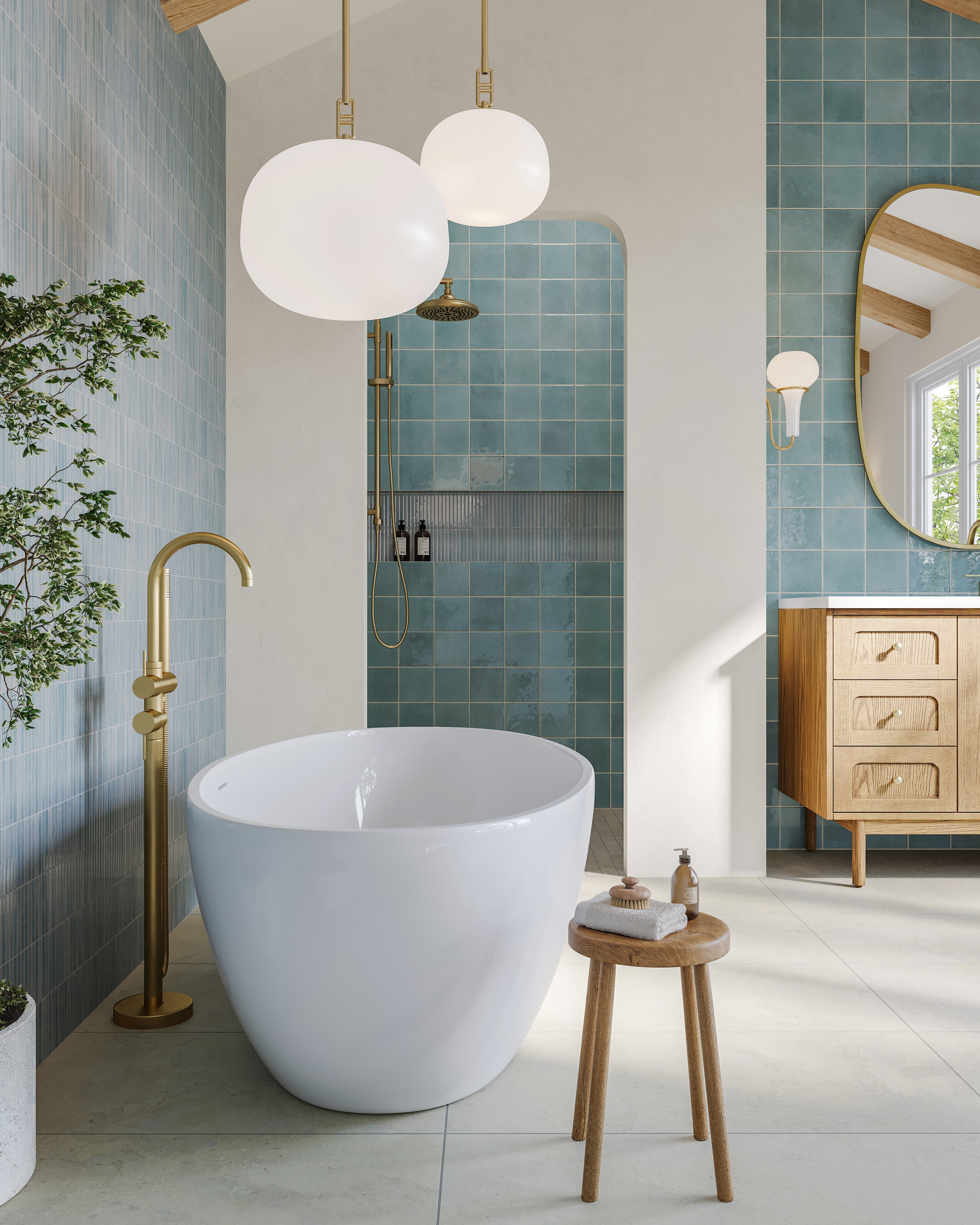 Bathroom design featuring blue porcelain tiles with weathered variation, creating a cohesive backdrop for the tub, shower, and wood vanity.