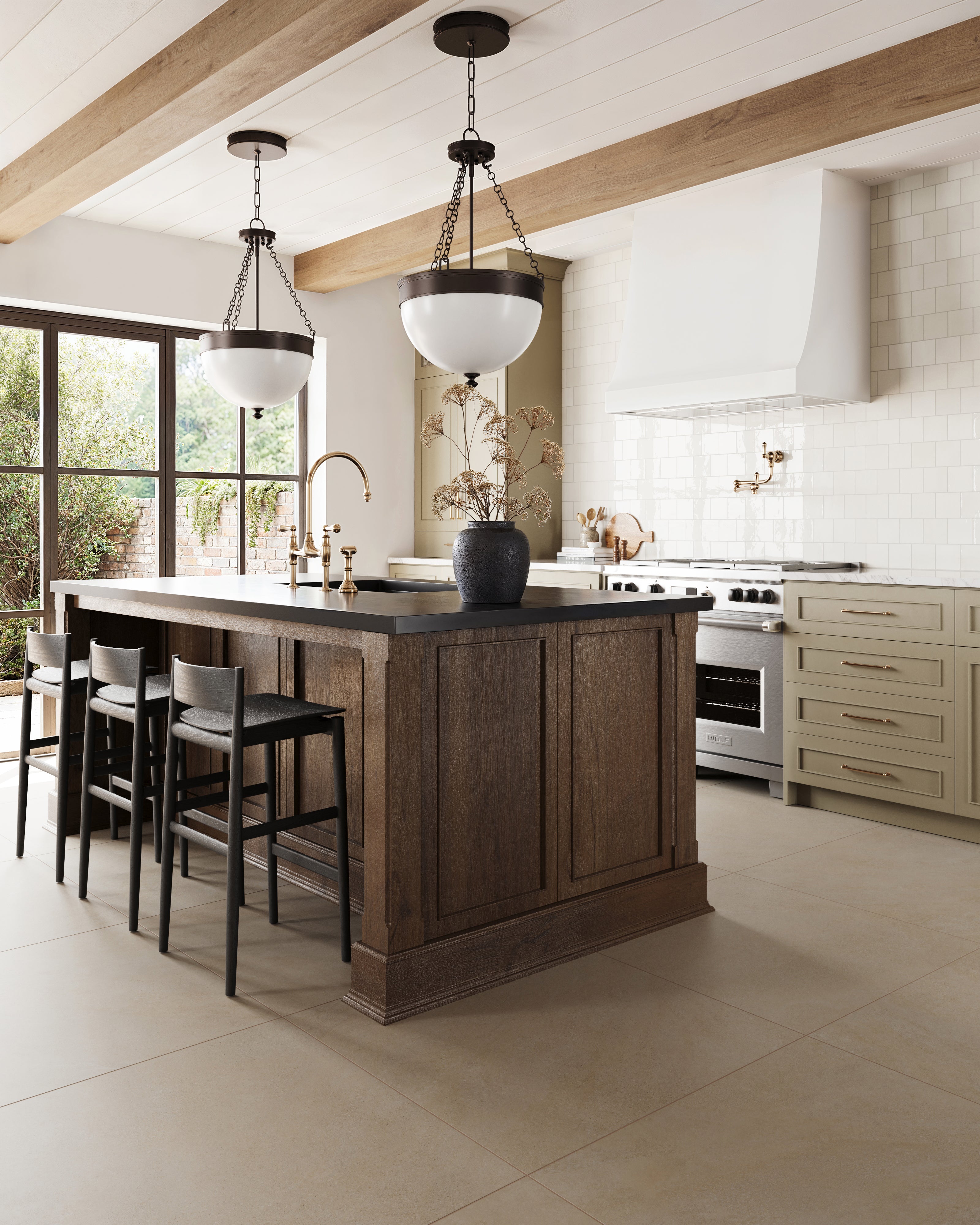 A warm kitchen interior featuring Shea Matte Porcelain Tile in Dune, enhancing the space with its soft, neutral tone.
