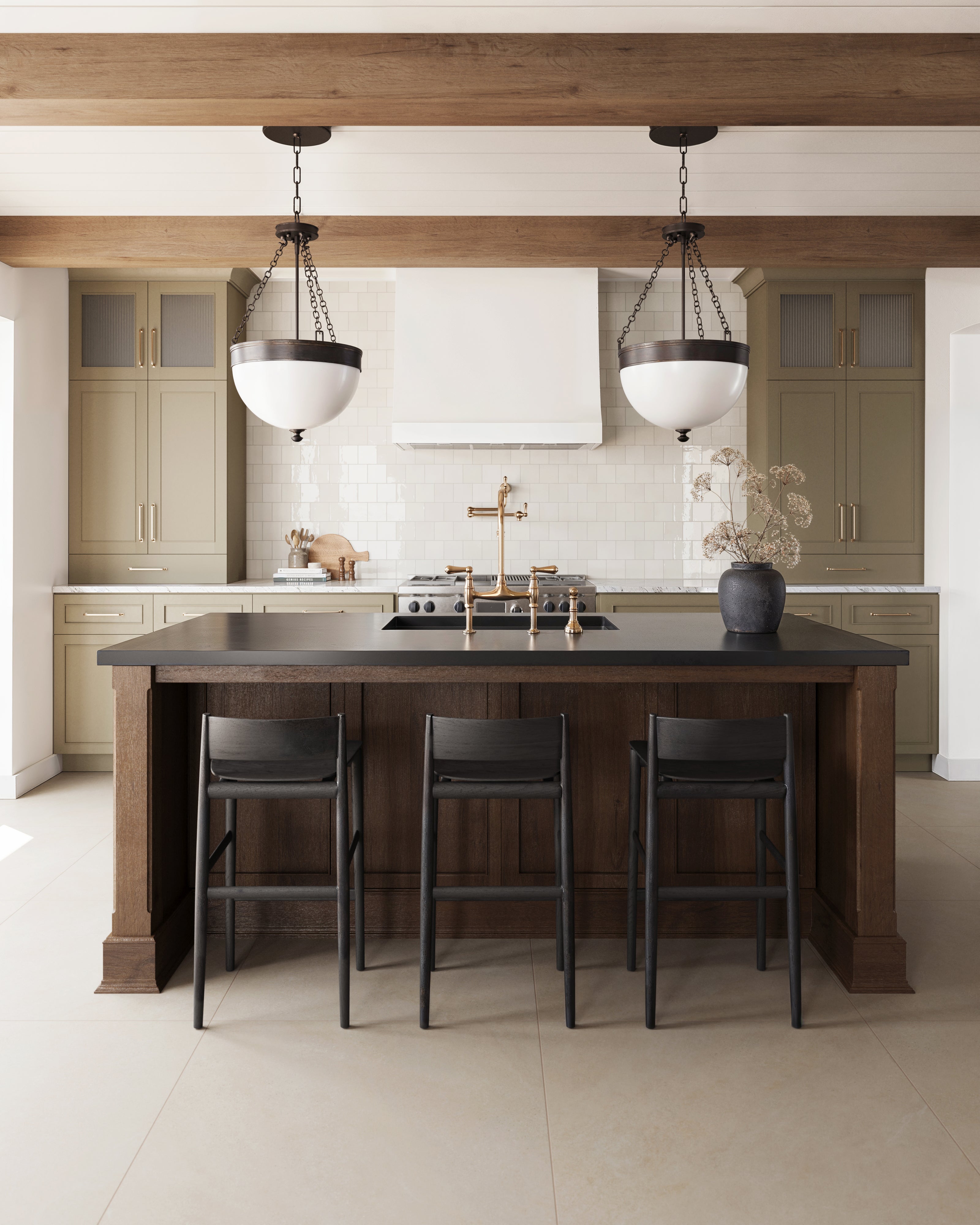 Contemporary kitchen featuring glossy 4x4 white tiles on the backsplash, olive green cabinets, a dark wood island, brass faucets, and rustic black pendant lighting and fixtures