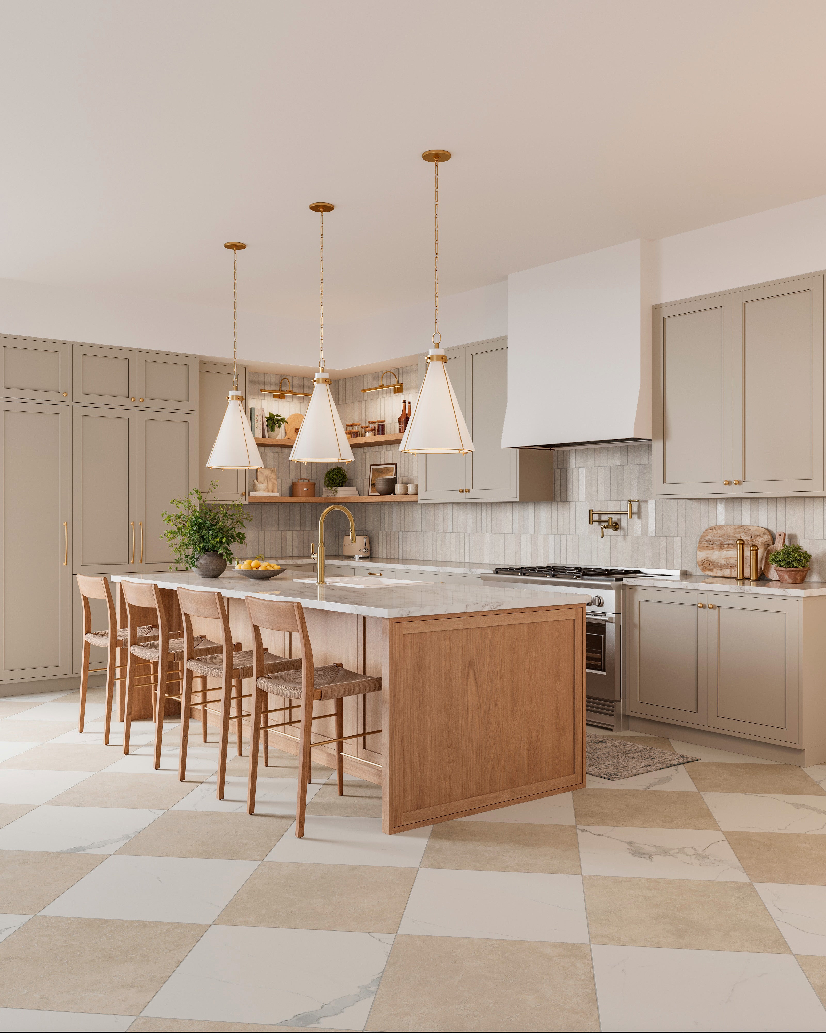 Natural wood bar stools with handwoven seats add texture and warmth to a kitchen with neutral cabinetry, brass hardware, and statement cone pendants over the island.