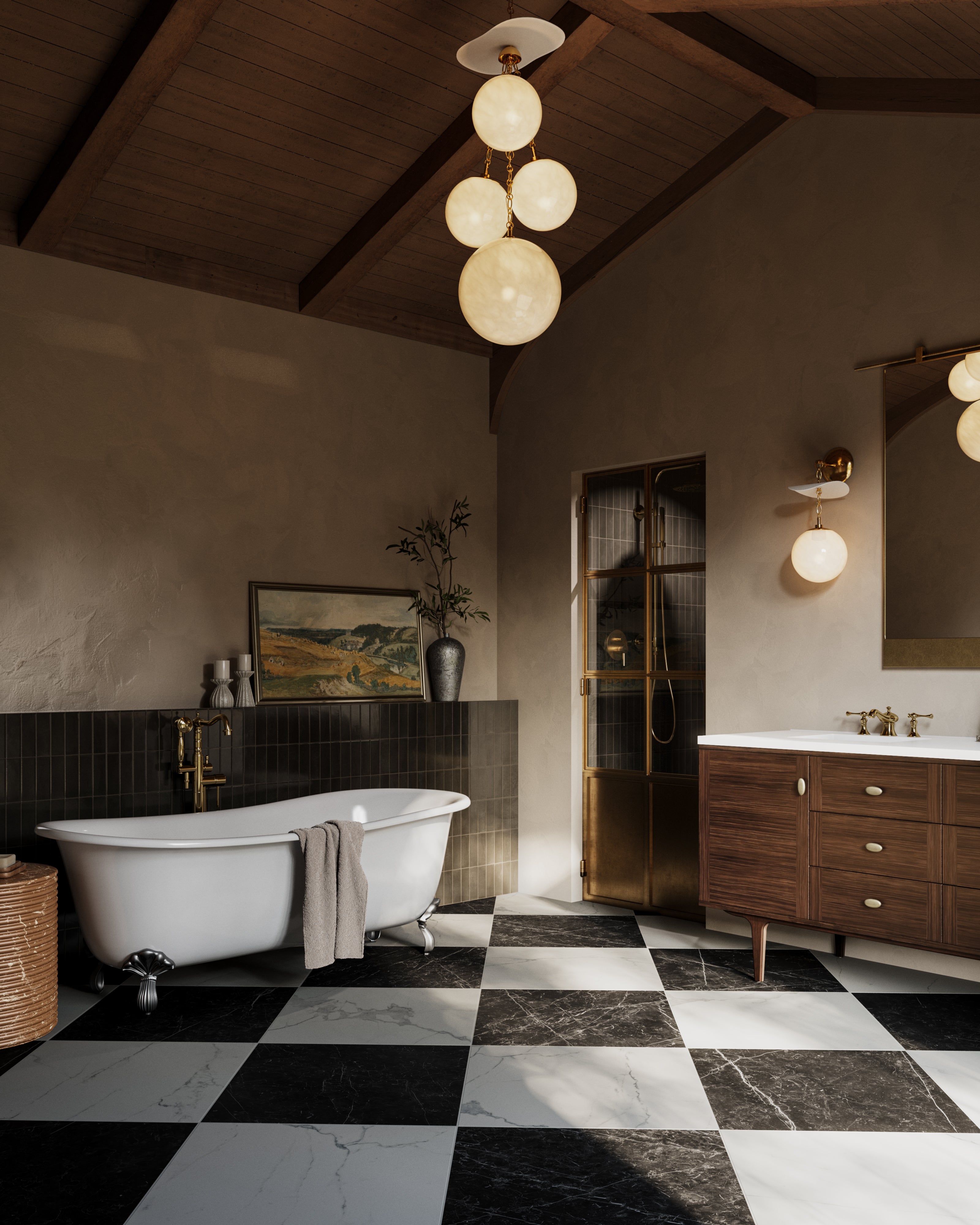 Leona 24x24 Checkerboard Matte Porcelain Tile in Calacatta and Nero Marquina