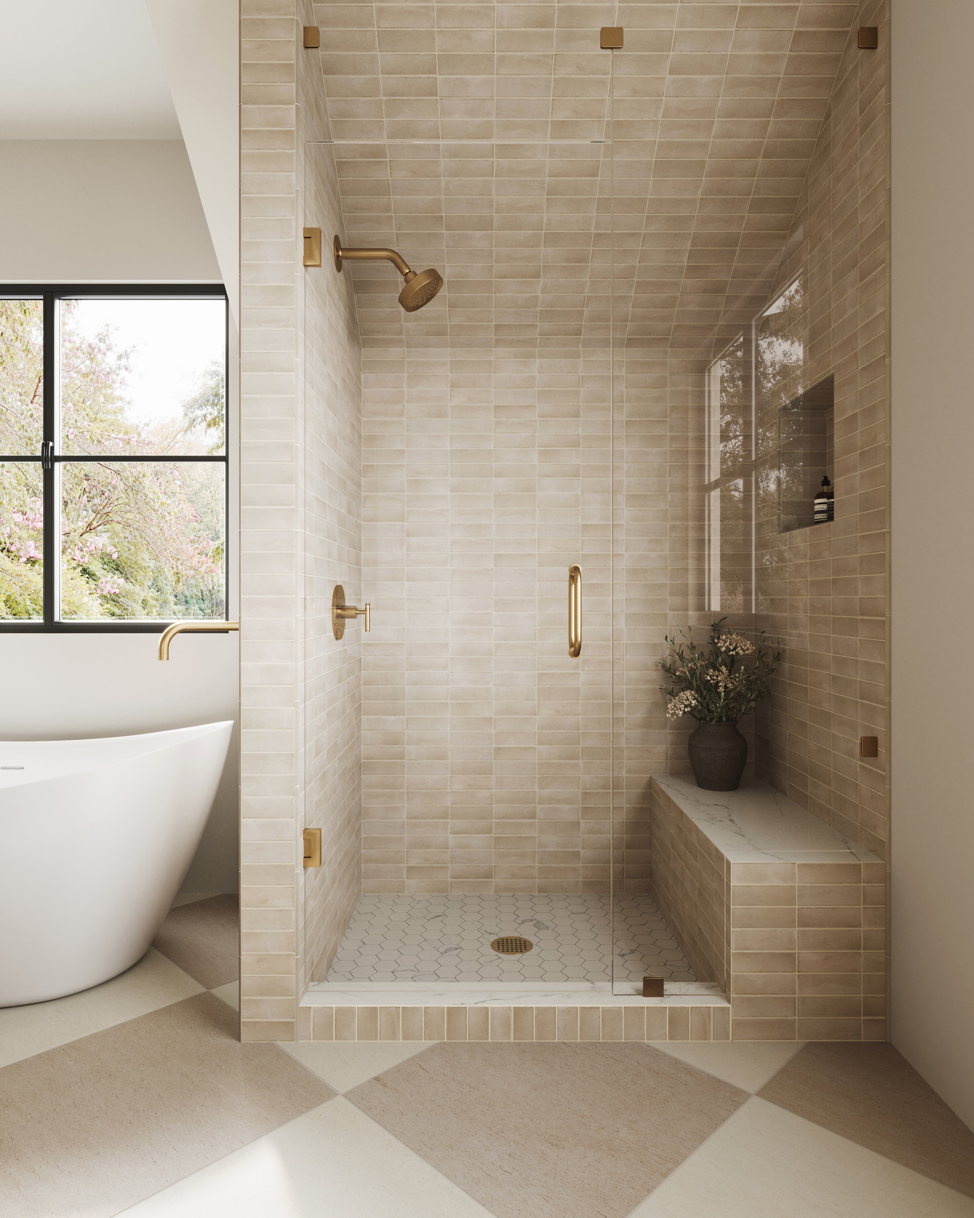Neutral beige toned bathroom featuring Natasha 2x6 matte porcelain tile in Bone for a serene, sunlit shower surround.
