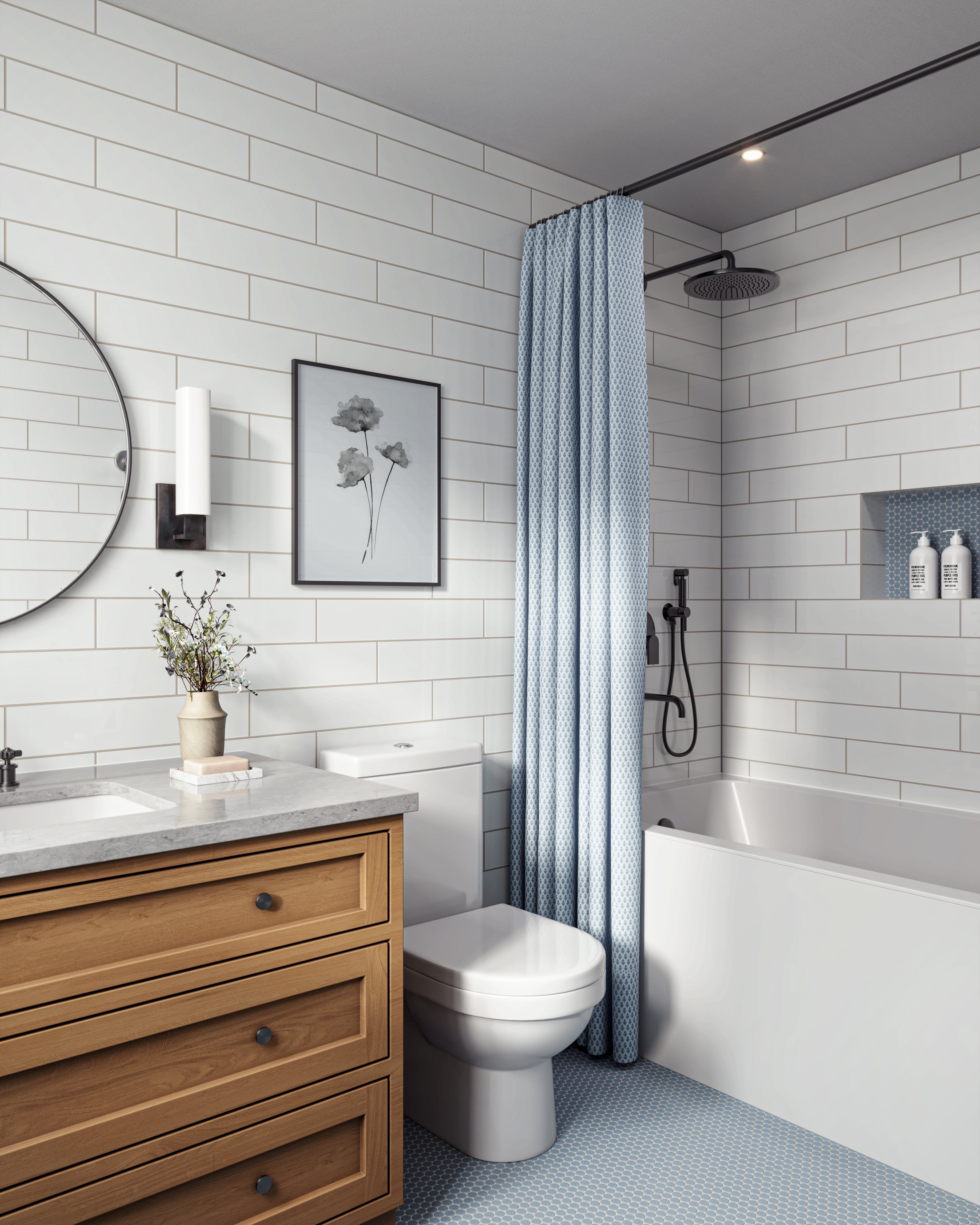 Modern bathroom with white staggered subway tile walls, wood vanity, blue penny tile floor, and matte black fixtures.