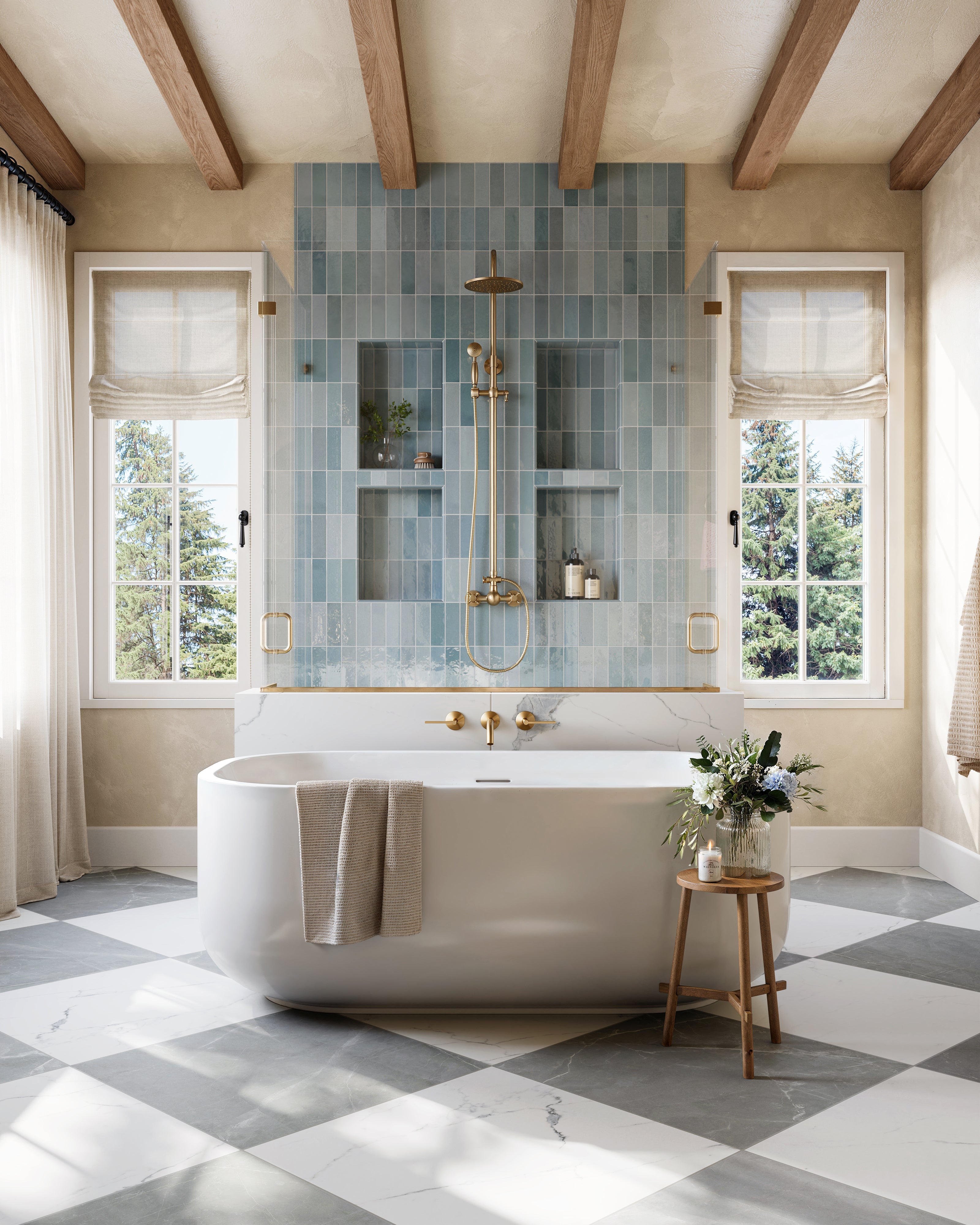 Bright bathroom with glossy blue vertical subway wall tiles in the shower and large gray-and-white marble-look porcelain floor tiles laid in a checkerboard pattern for a timeless, airy design.