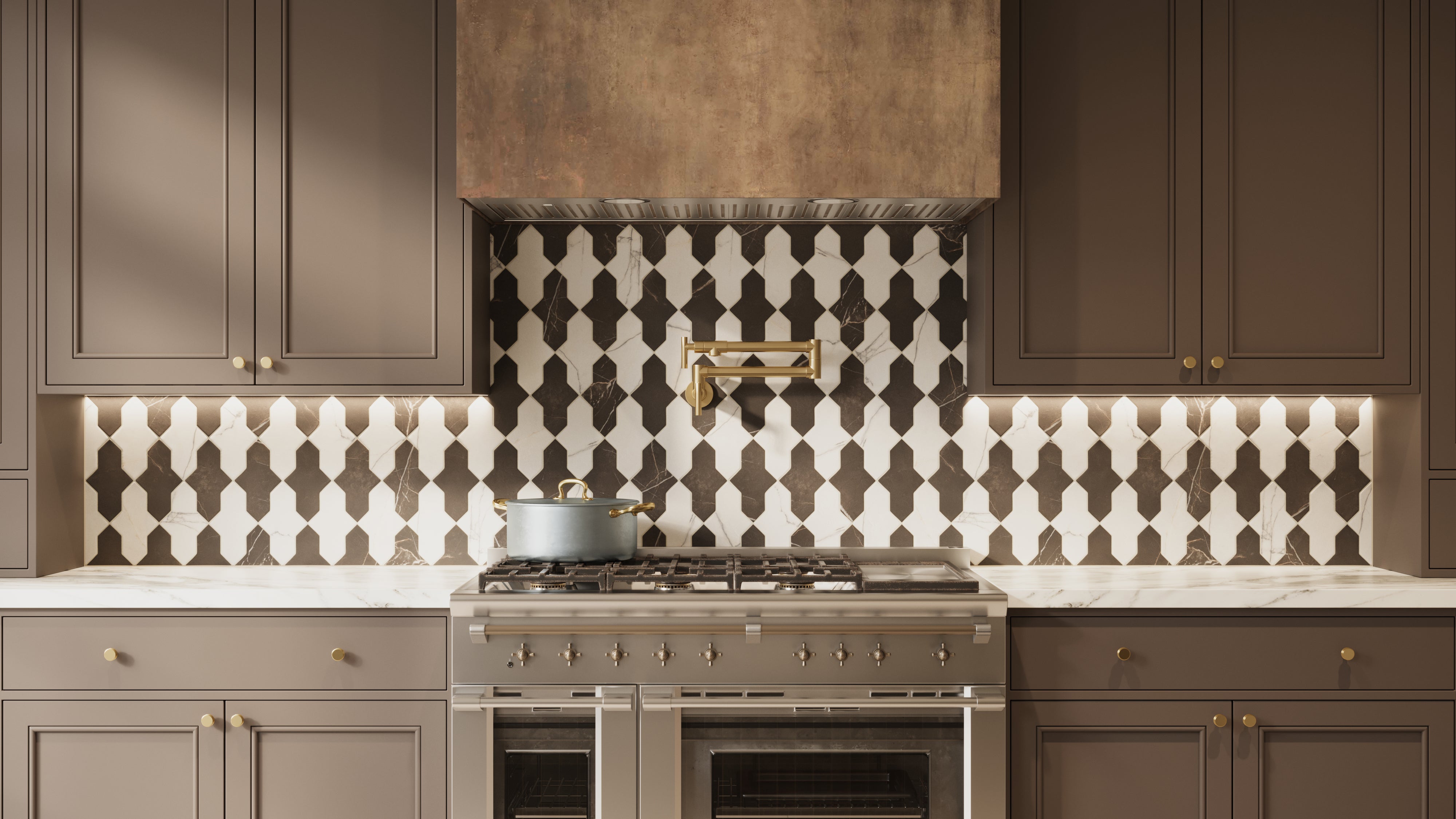 Aslan 2x8 Porcelain Tile Shield Checkerboard in Calacatta and Imperial