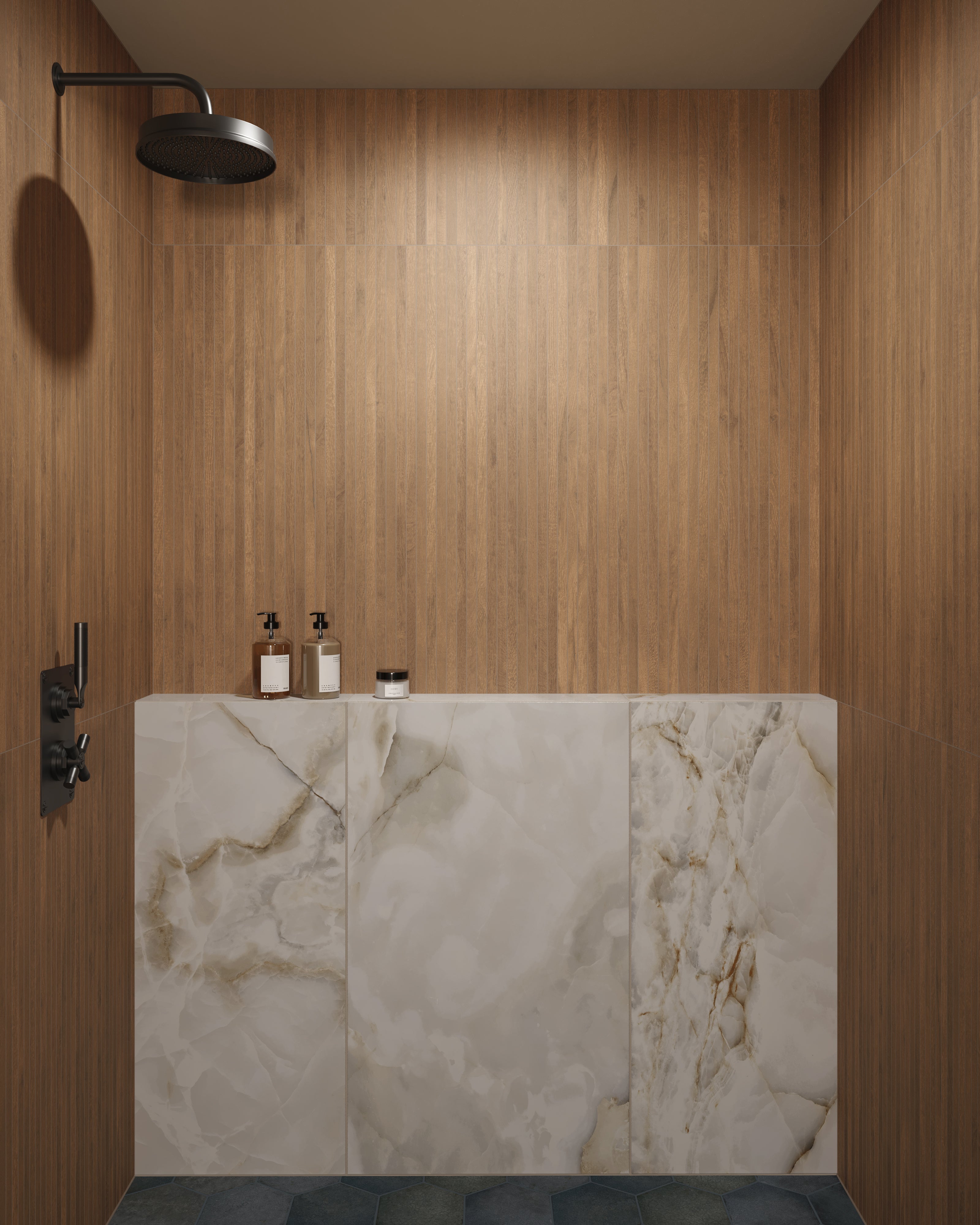 Porcelain wood-look 8x48 mosaic tile in a matte finish, installed vertically on shower walls for a warm, spa-inspired look.