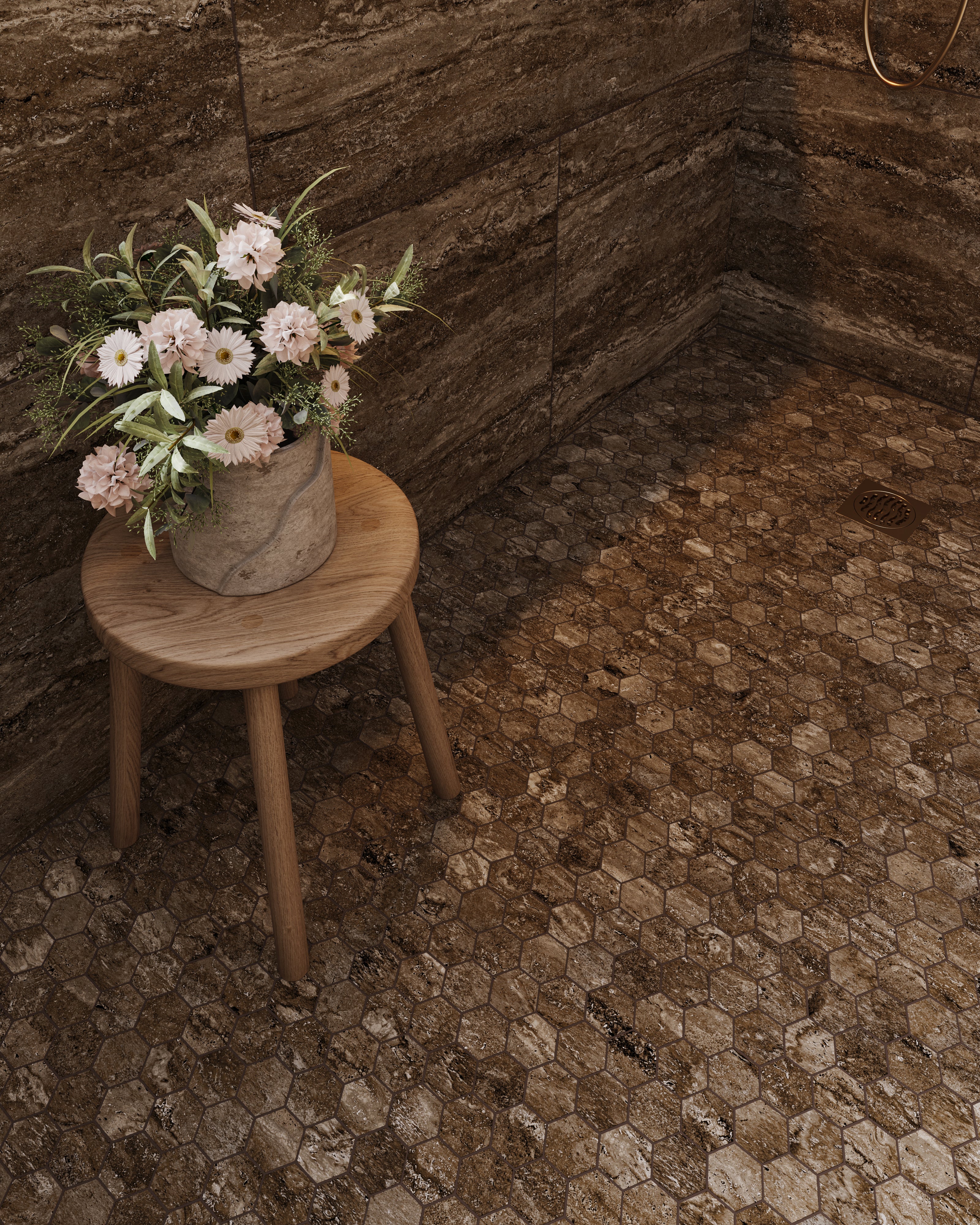 Matte travertine-look porcelain 3x3 hex mosaic flooring in a walk-in shower, highlighting warm tones and subtle stone texture.