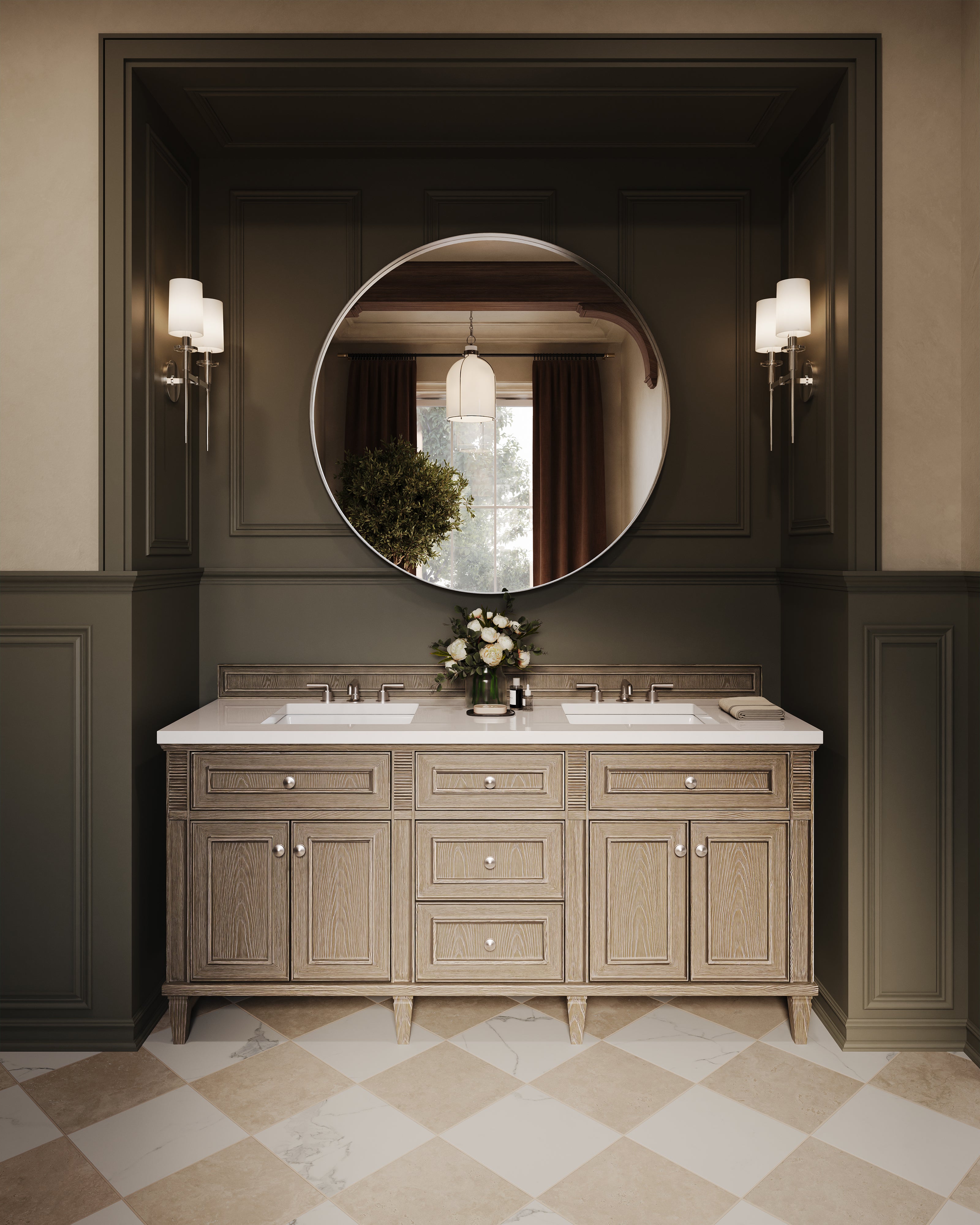 Elodie 72" Double Vanity in Whitewashed Oak with 3 cm White Zeus Quartz Top