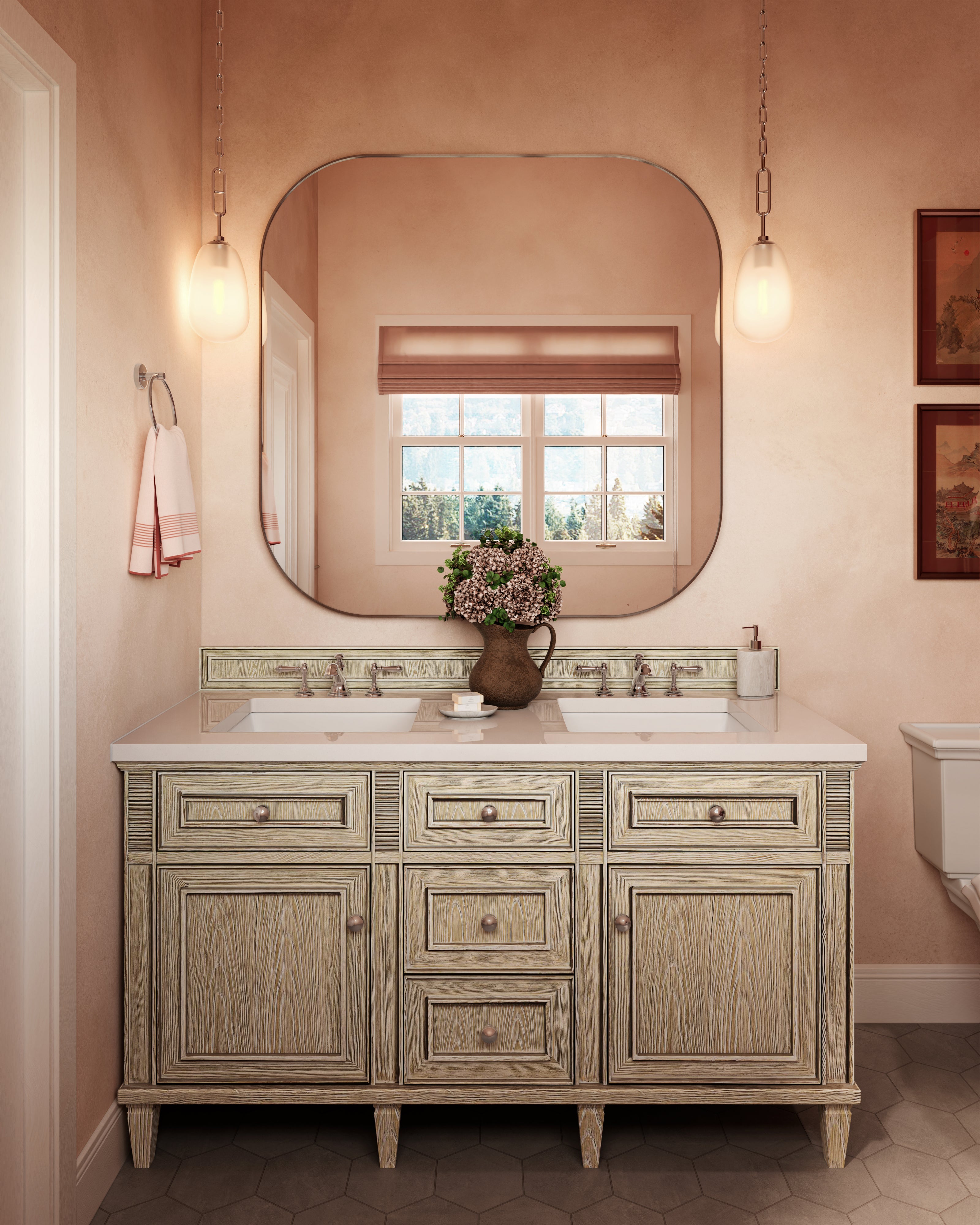 Elodie 60" Double Vanity in Whitewashed Oak with 3 cm White Zeus Quartz Top