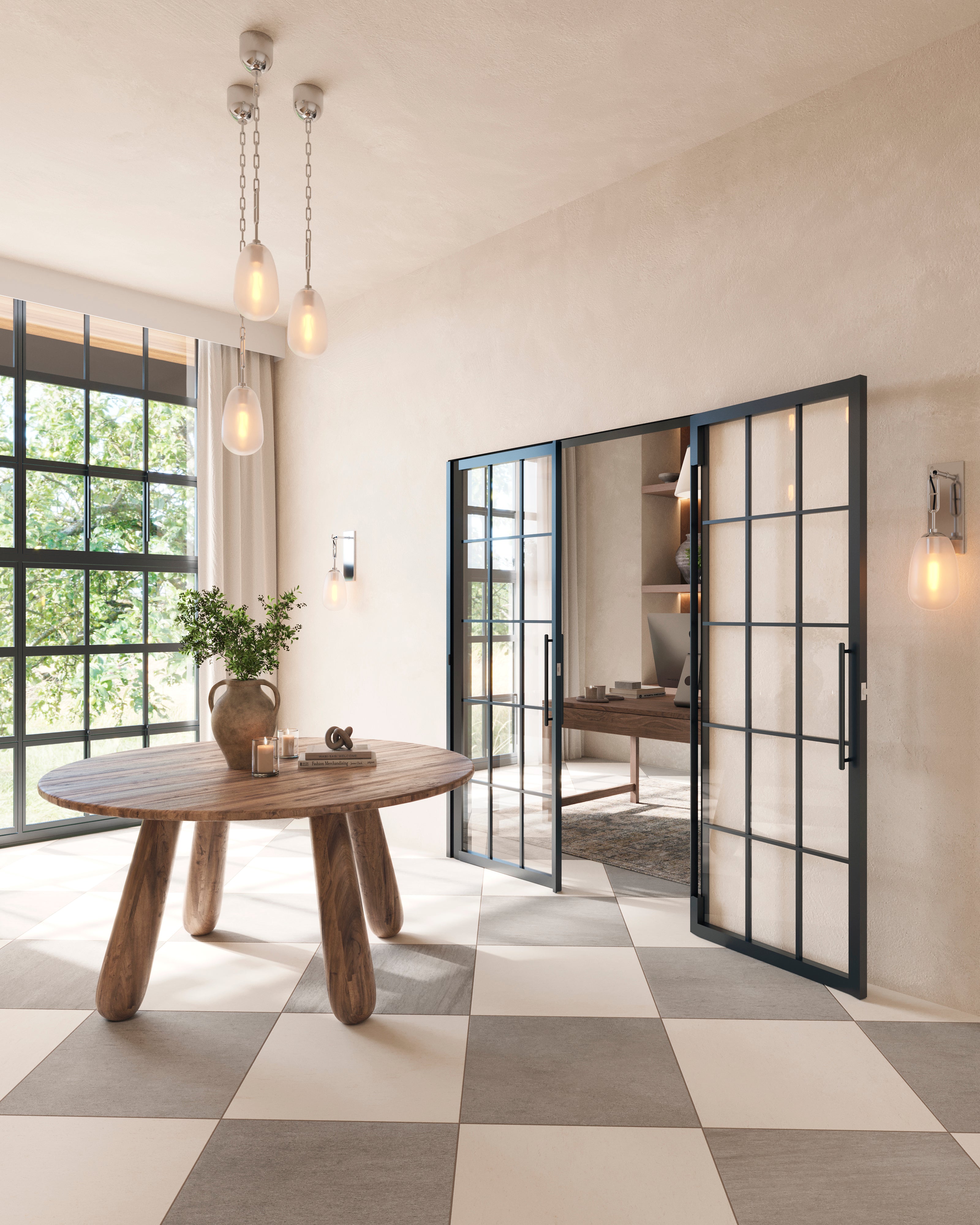 Checkerboard porcelain floor tile in a matte finish with a smooth, lightly textured surface, featuring a warm off-white and medium gray color combination with subtle natural variation, shown in a bright interior with glass doors and wood furniture.