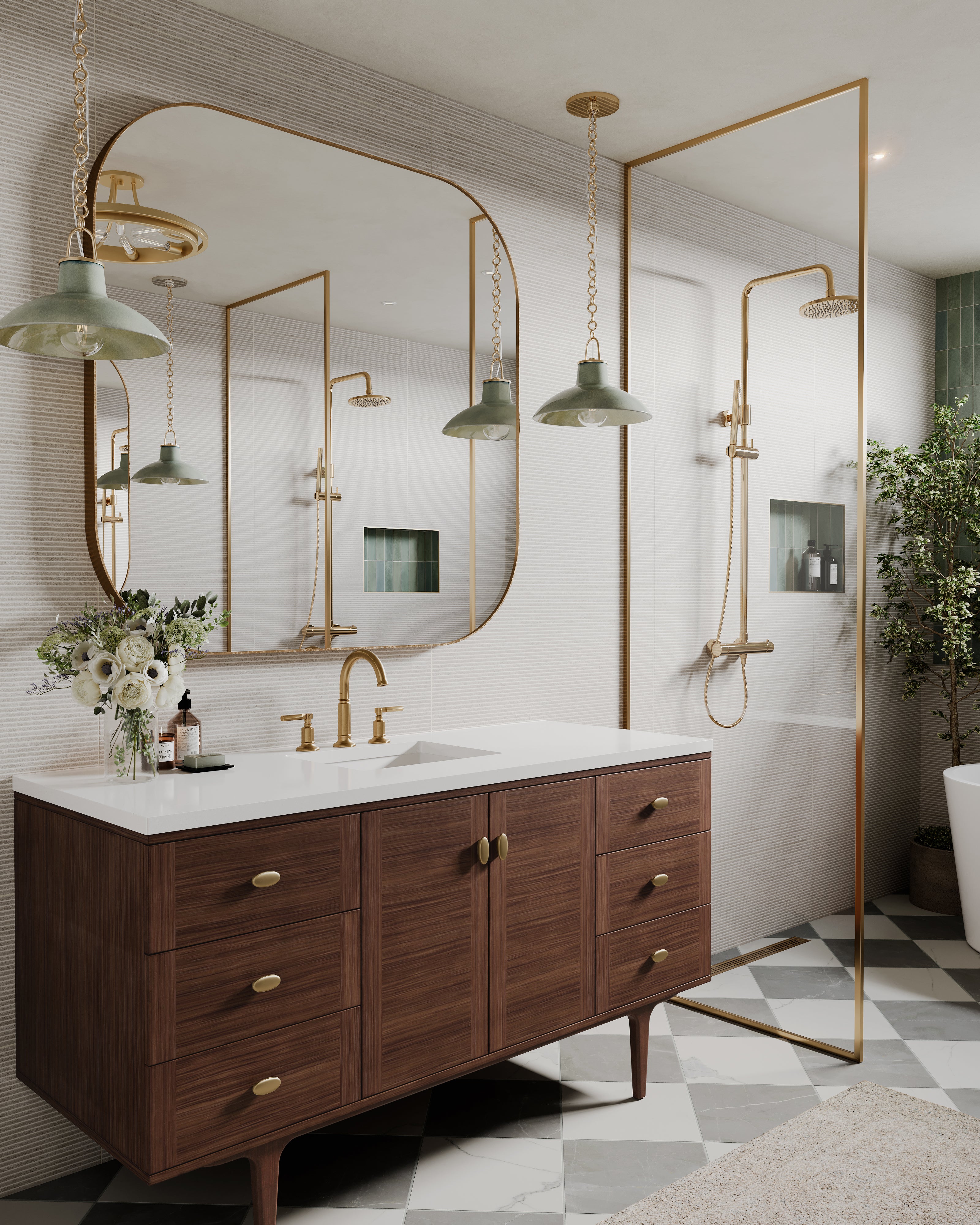 Demi 60" Single Vanity in Mid-Century Walnut with 3 cm White Zeus Quartz Top