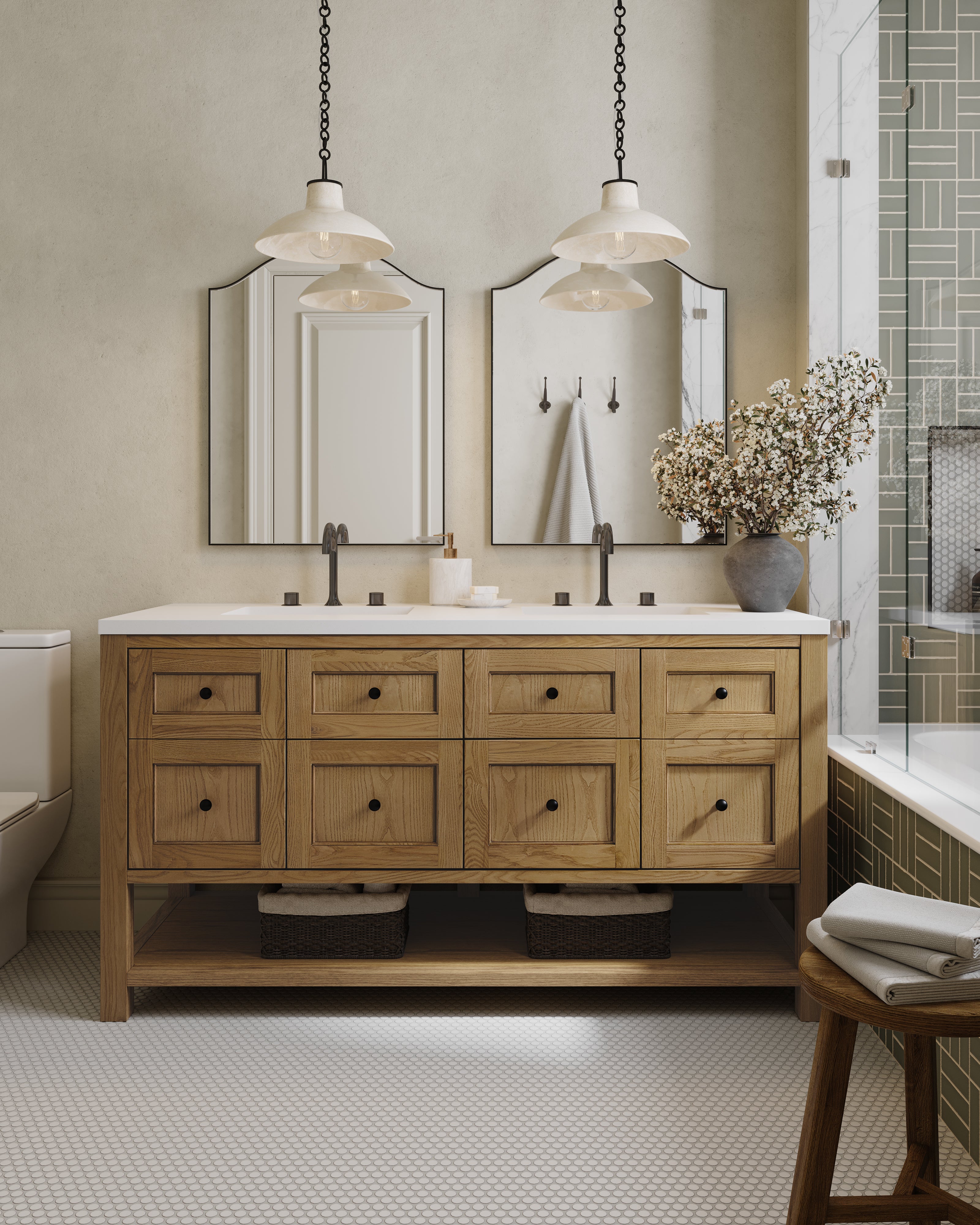 Bridgette 60" Double Vanity in Light Natural Oak with 3 cm White Zeus Quartz Top