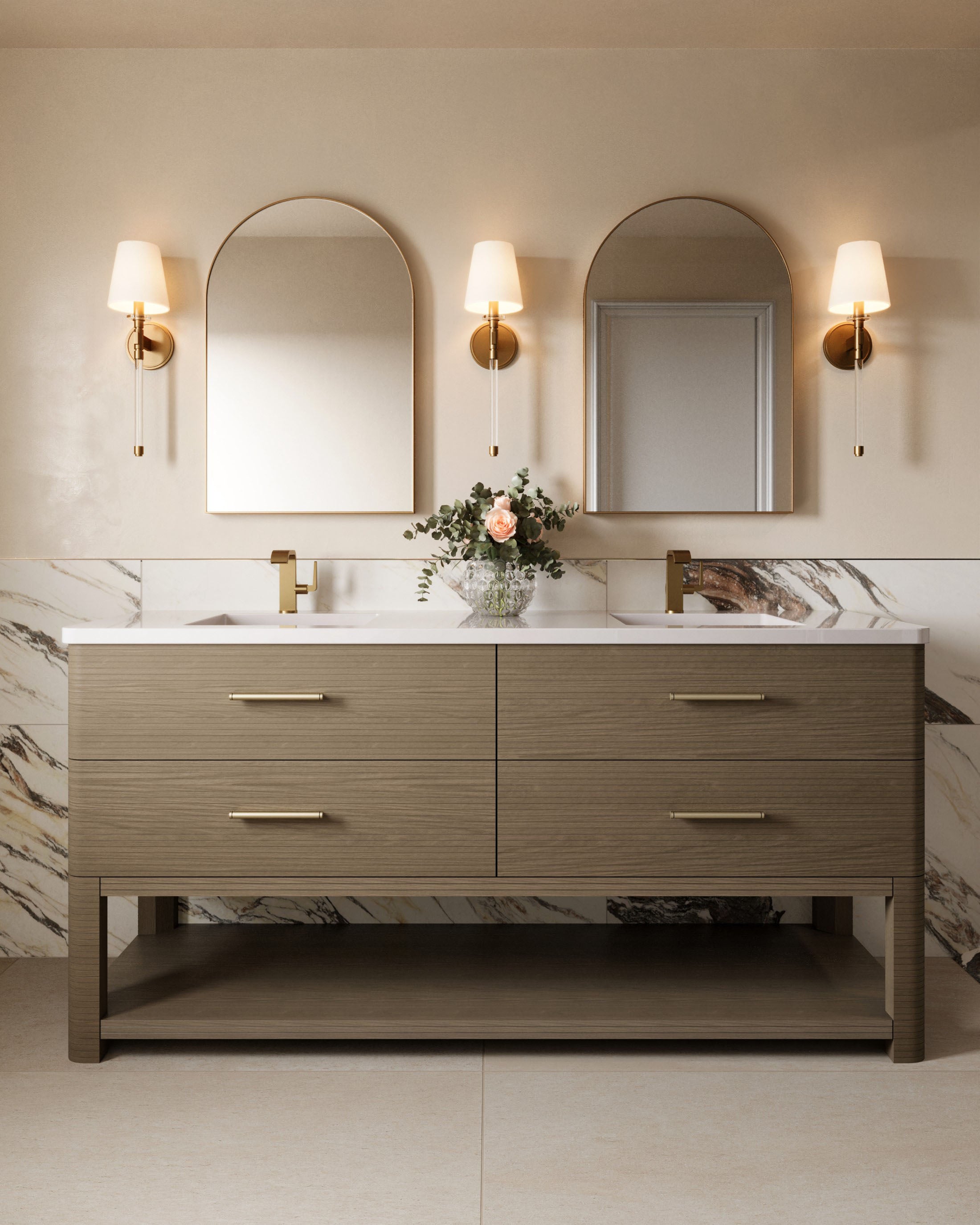 Fluted and refined, the Paxton 72" Double Vanity in Pebble Oak with 3 cm White Zeus Quartz Top adds soft texture and balance beneath dual mirrors and sculptural lighting.