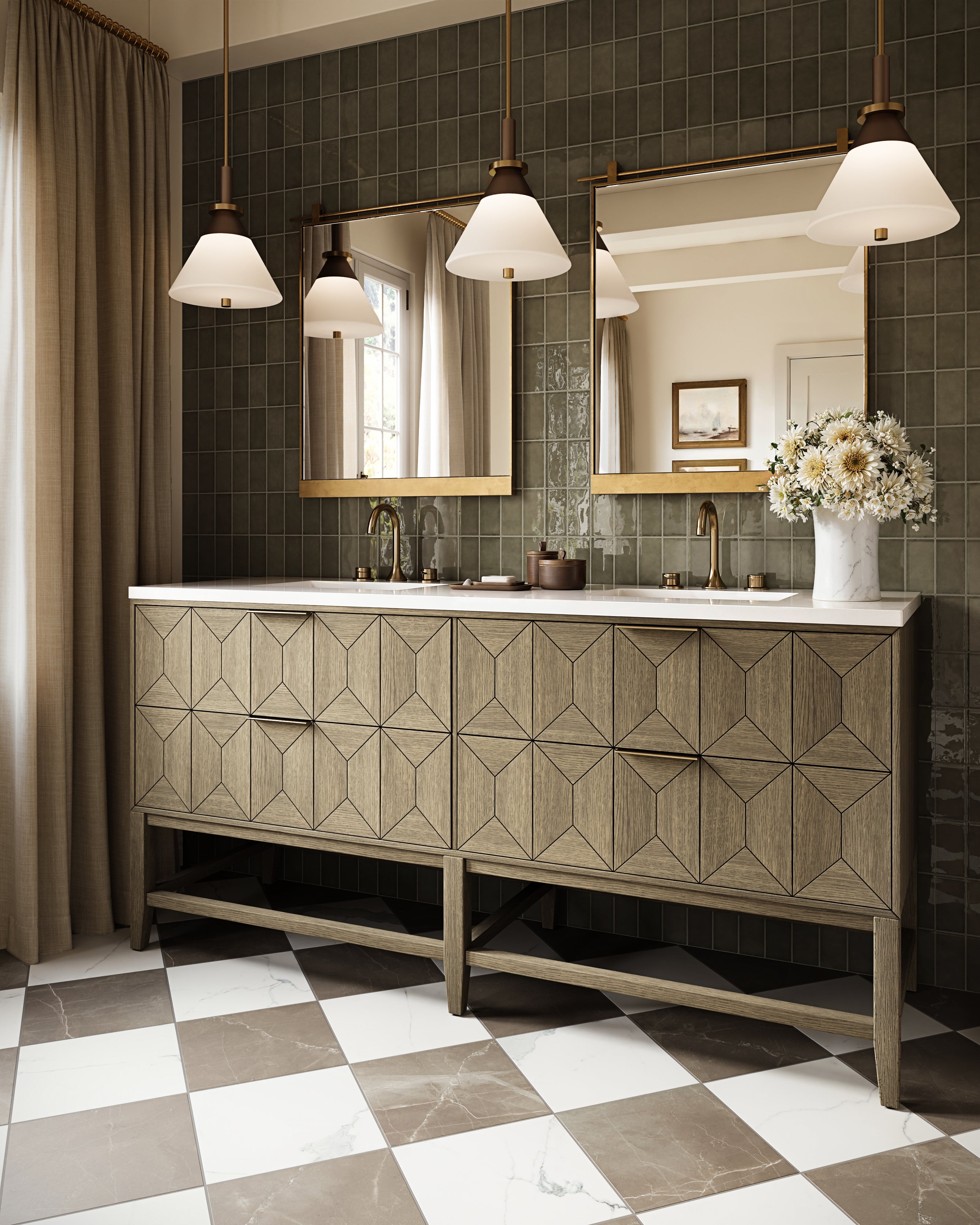 Gwen 72" Double Vanity in Pebble Oak with 3 cm White Zeus Quartz Top