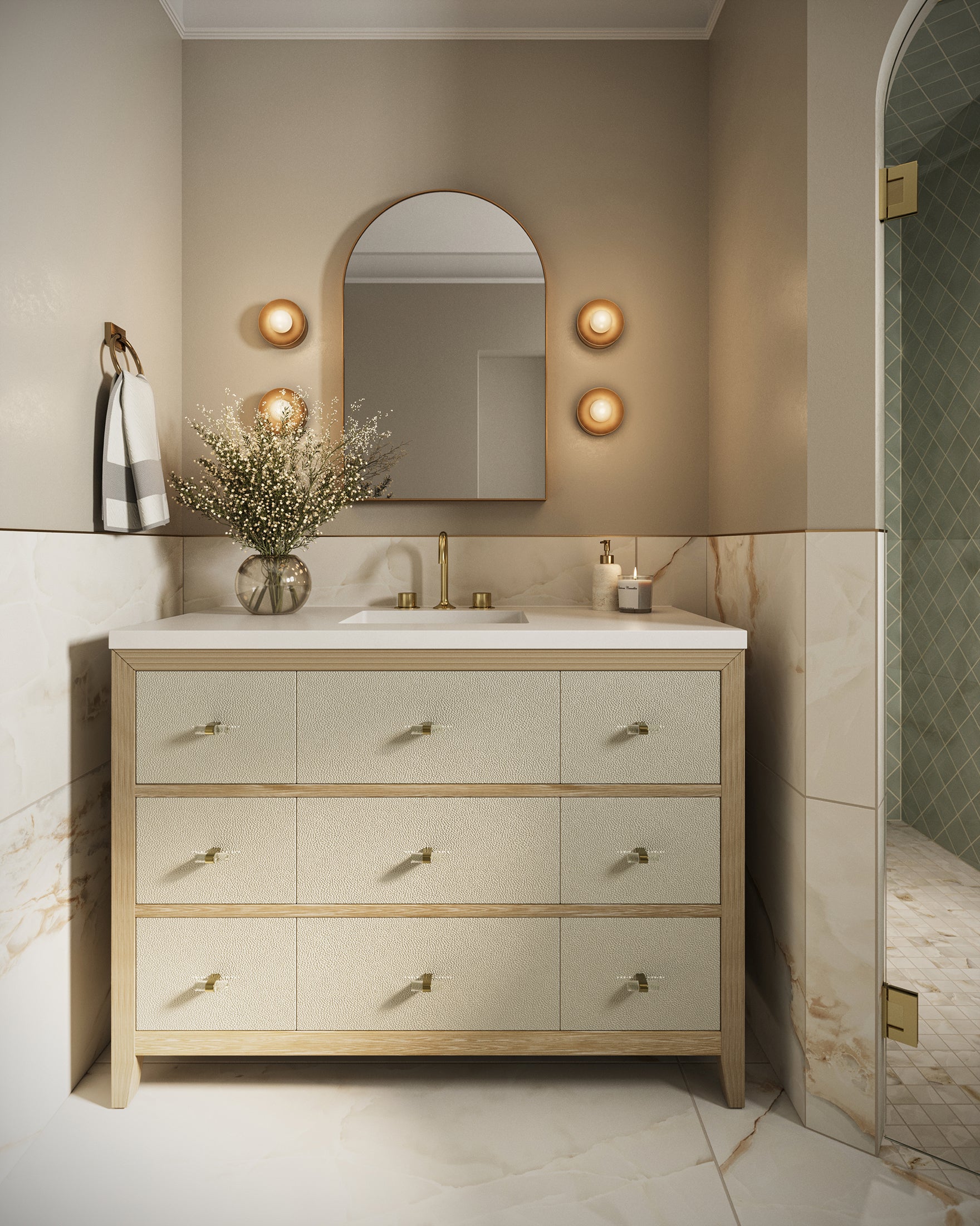 Daisy 48" Single Vanity in Sunwashed Oak with Embossed Shagreen and 3 cm White Zeus Quartz Top