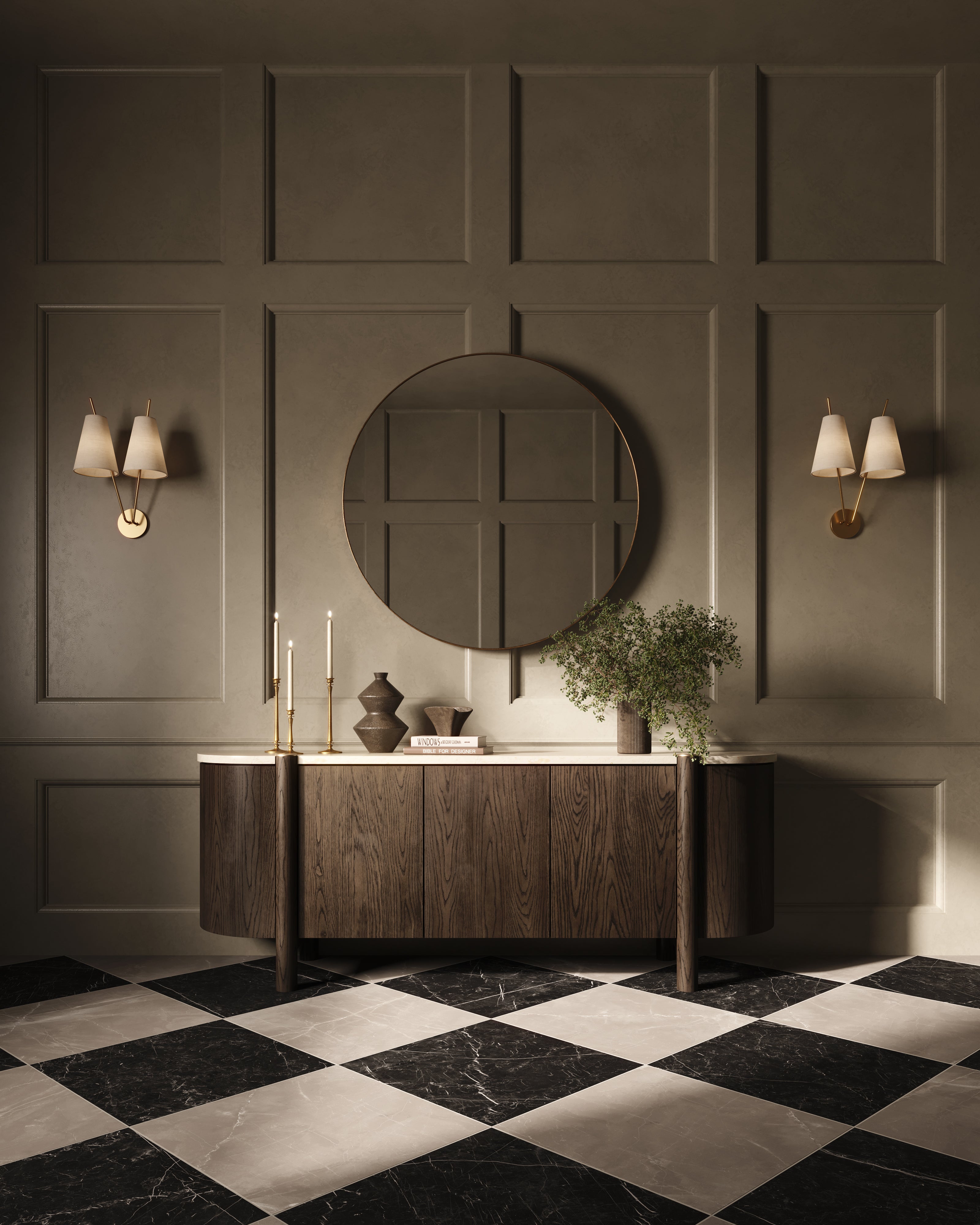 Leona 24x24 Checkerboard Matte Porcelain Tile in Amani Bronze and Nero Marquina