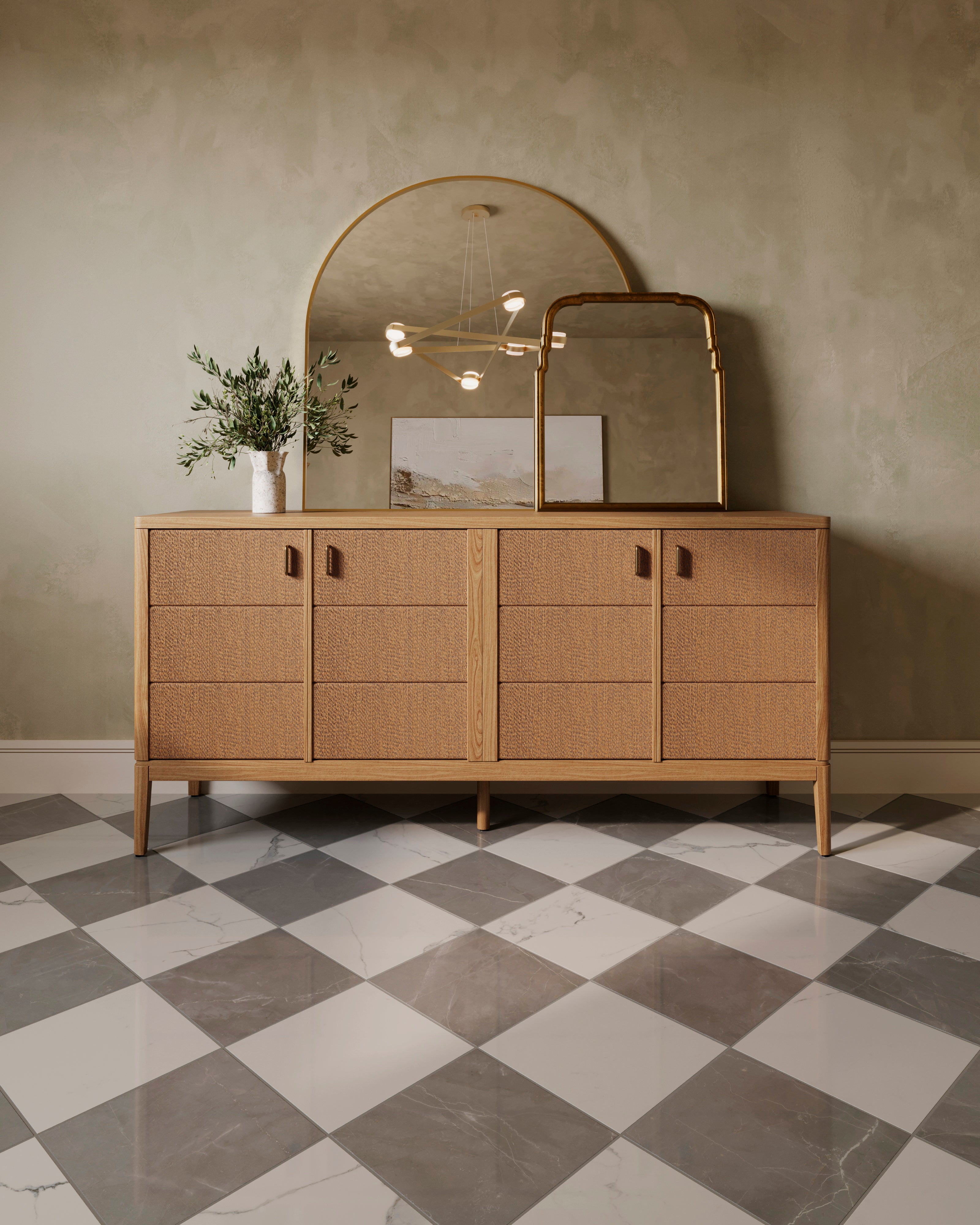 Leona 12x12 Checkerboard Polished Porcelain Tile in Calacatta and Amani Grey