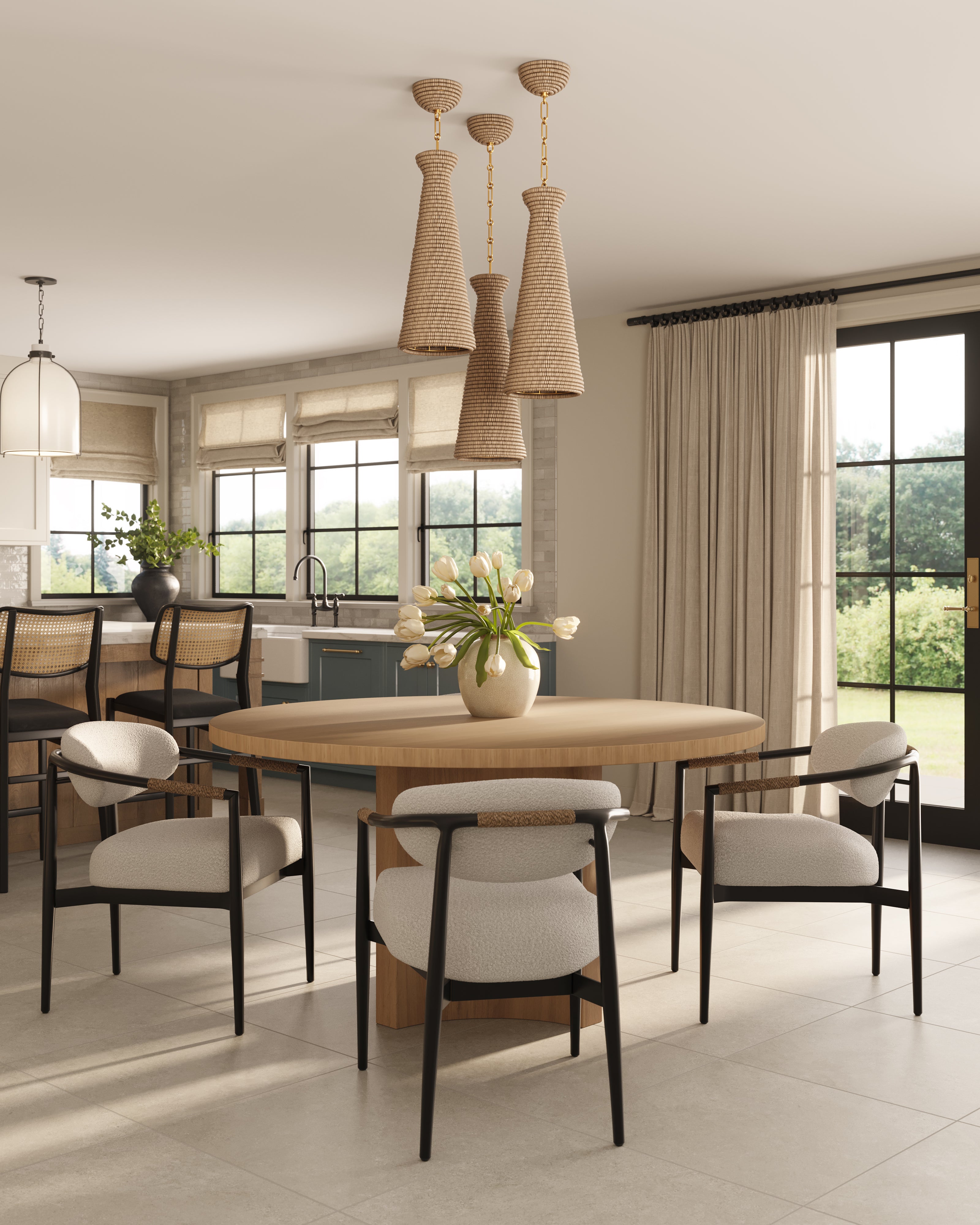 Modern dining space with a 60-inch natural wood table, four upholstered chairs, woven pendant lights, and large windows for light.