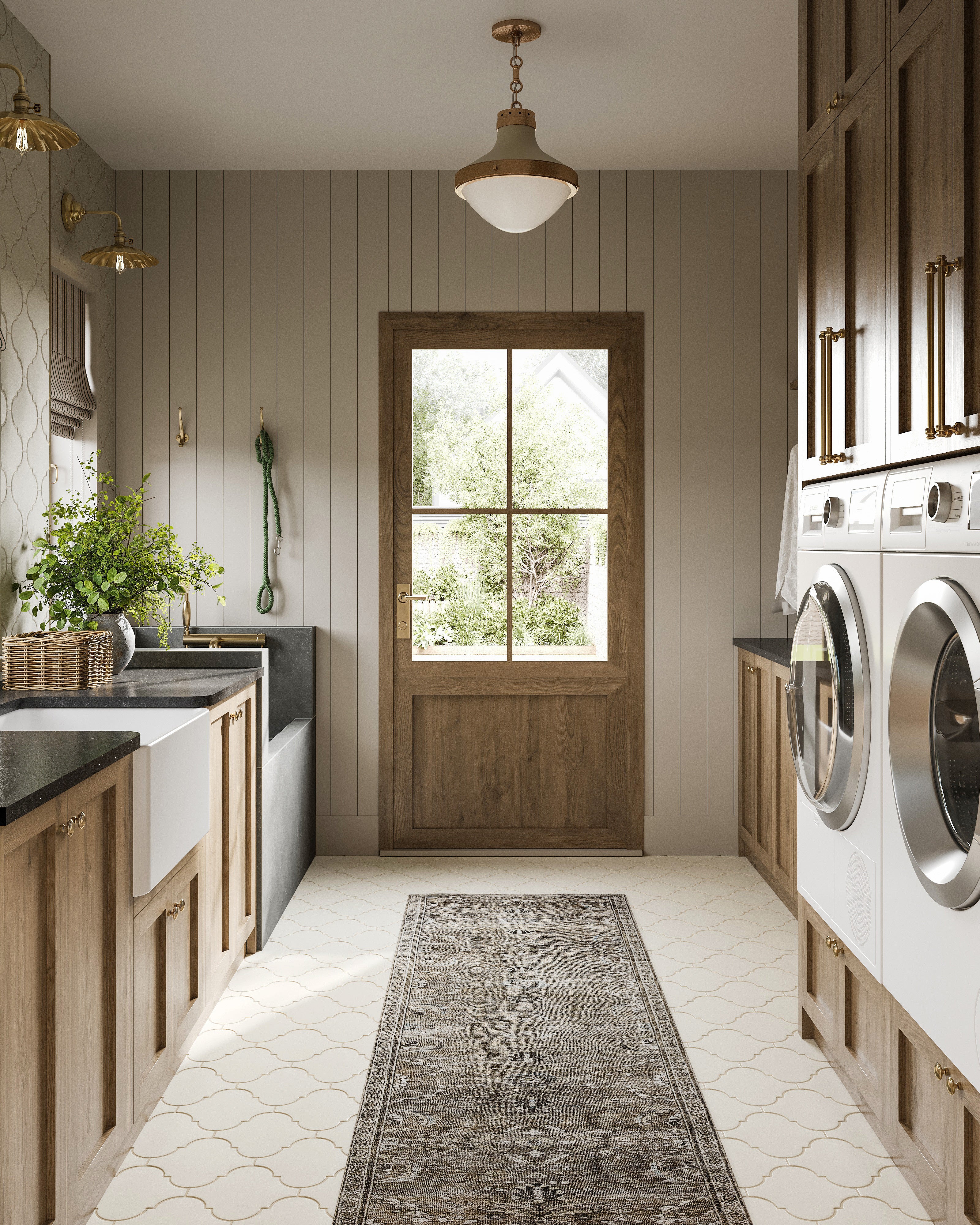 Bright, inviting laundry room with natural wood accents and Jasmine 8x8 white satin porcelain tile. The soft lantern pattern adds movement and charm, while the satin finish offers slip-resistant comfort.