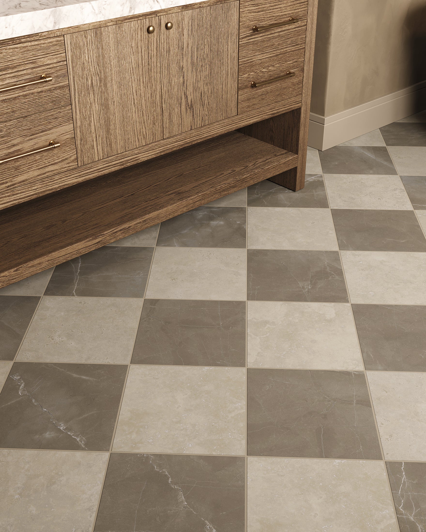 Leona 12x12 Checkerboard Matte Porcelain Tile in Marfil and Amani Bronze