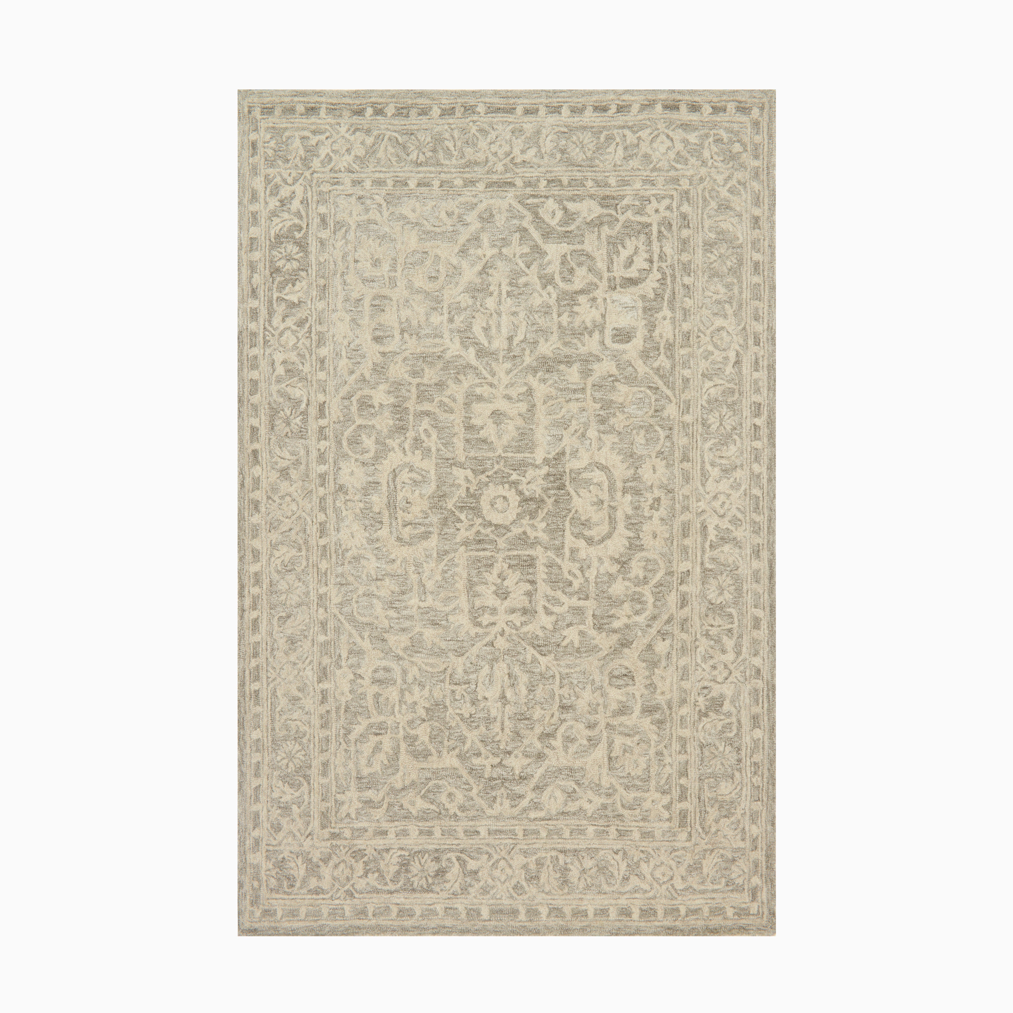 Hooked wool rug in earthy khaki with an intricate medallion pattern, offering timeless elegance for transitional interiors.