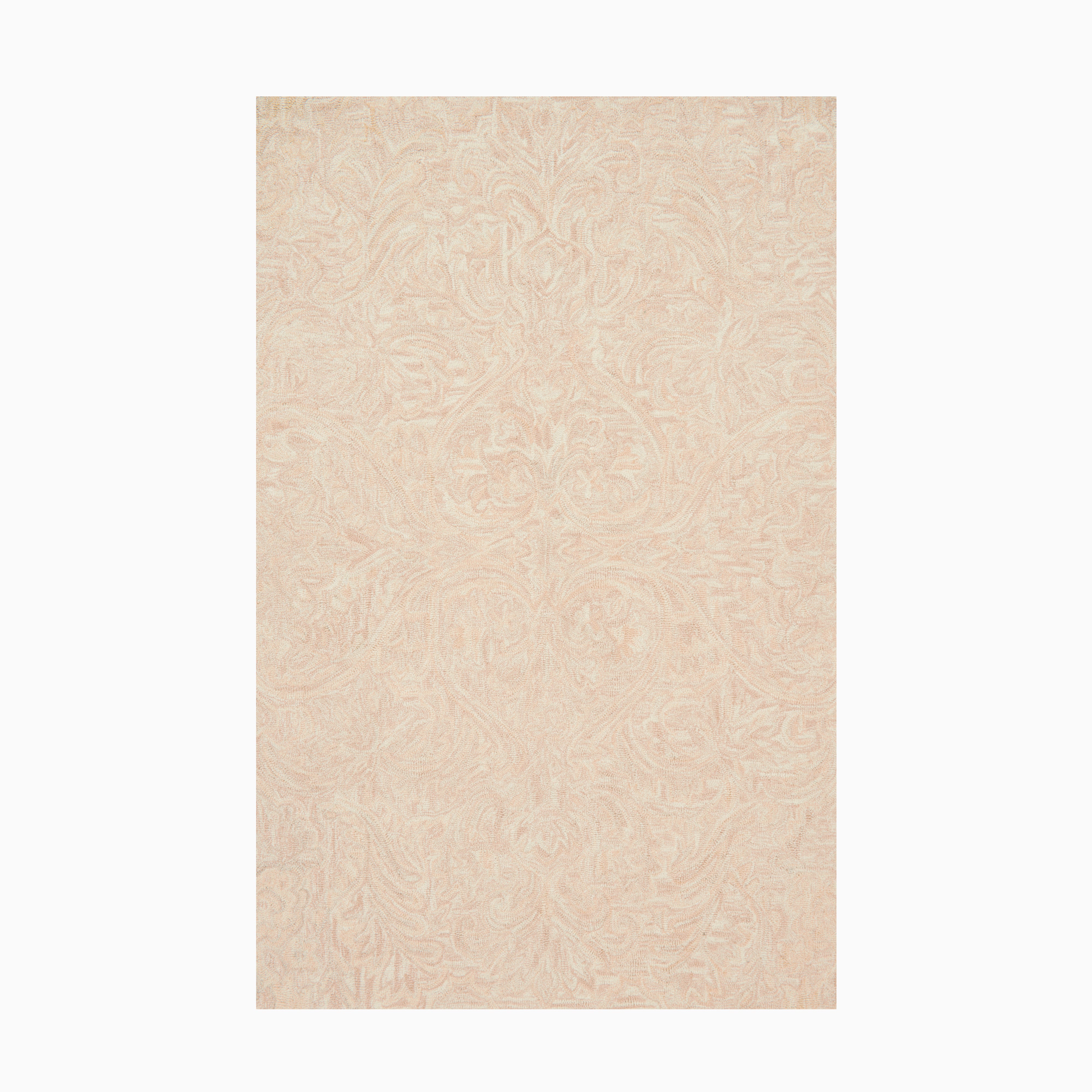 Hooked wool rug in warm pink and neutral tones, showcasing subtle floral detailing ideal for refined transitional decor.