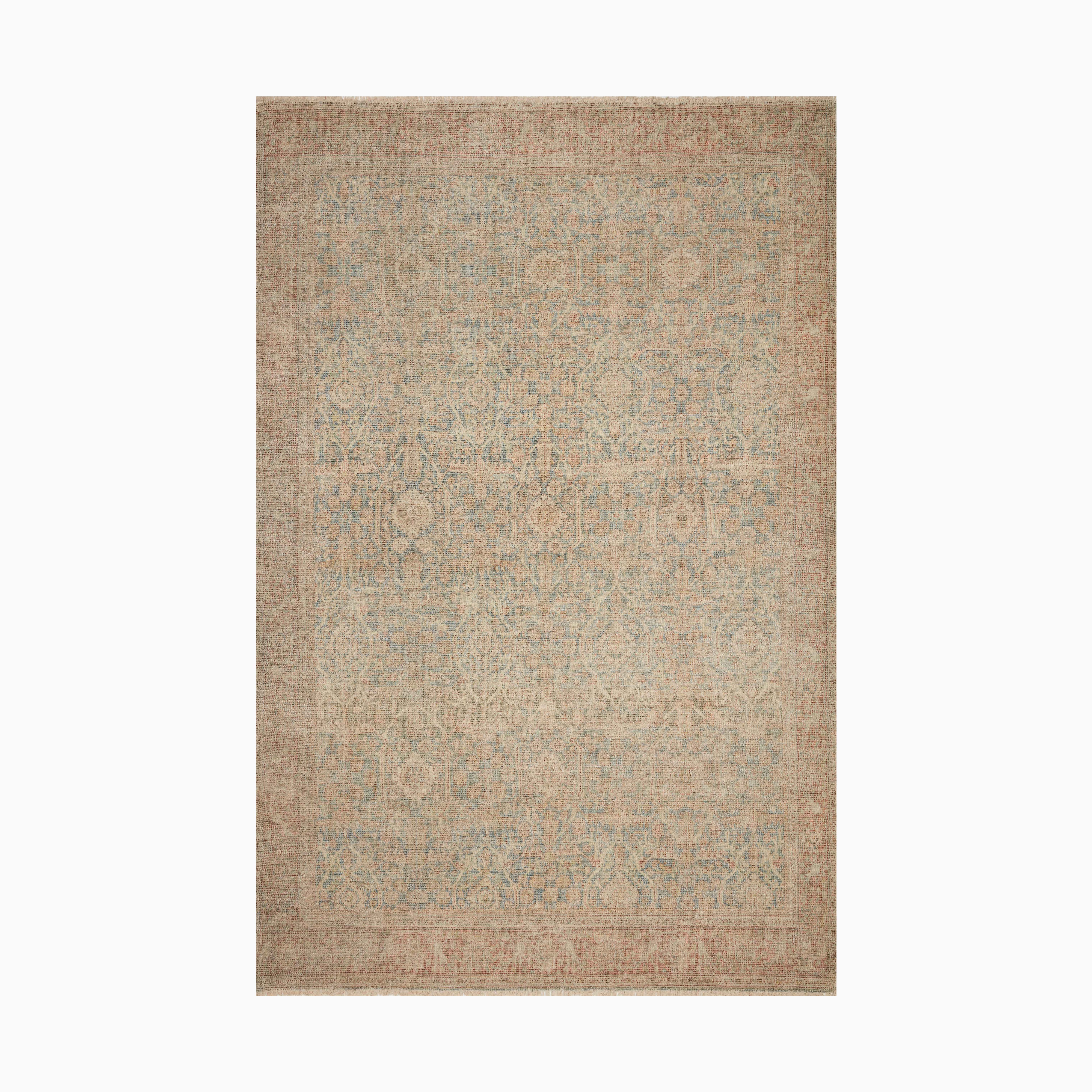 Hand-woven transitional rug made from a polyester-cotton blend, featuring a deep crimson base with navy blue and beige undertones.