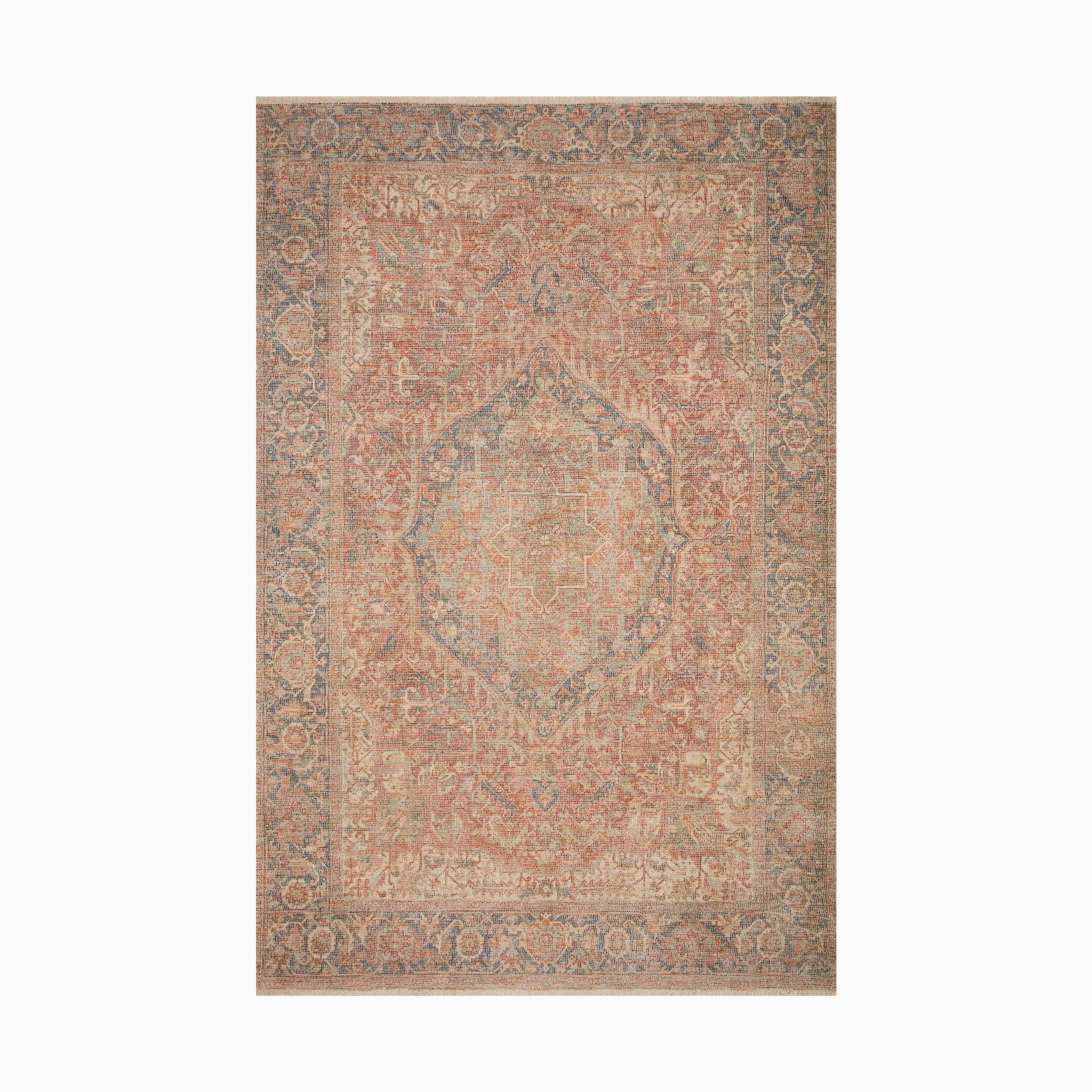 Transitional hand-woven rug crafted from a cotton blend, featuring a natural beige base with ocean blue and deep red hues for a timeless design.