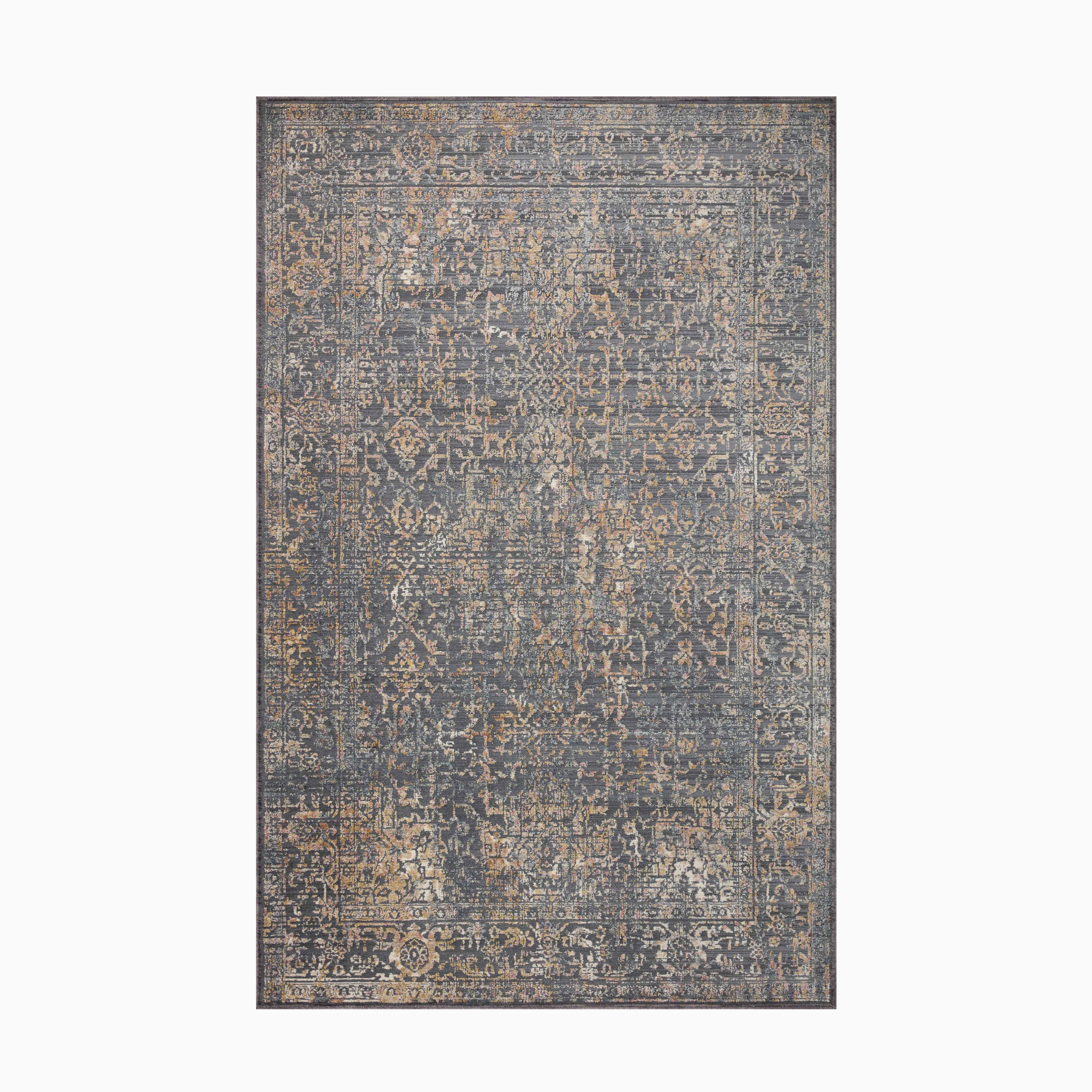 Power-loomed rug made of polyester and polypropylene, featuring deep navy blue and warm beige tones with a distressed, vintage-inspired design.