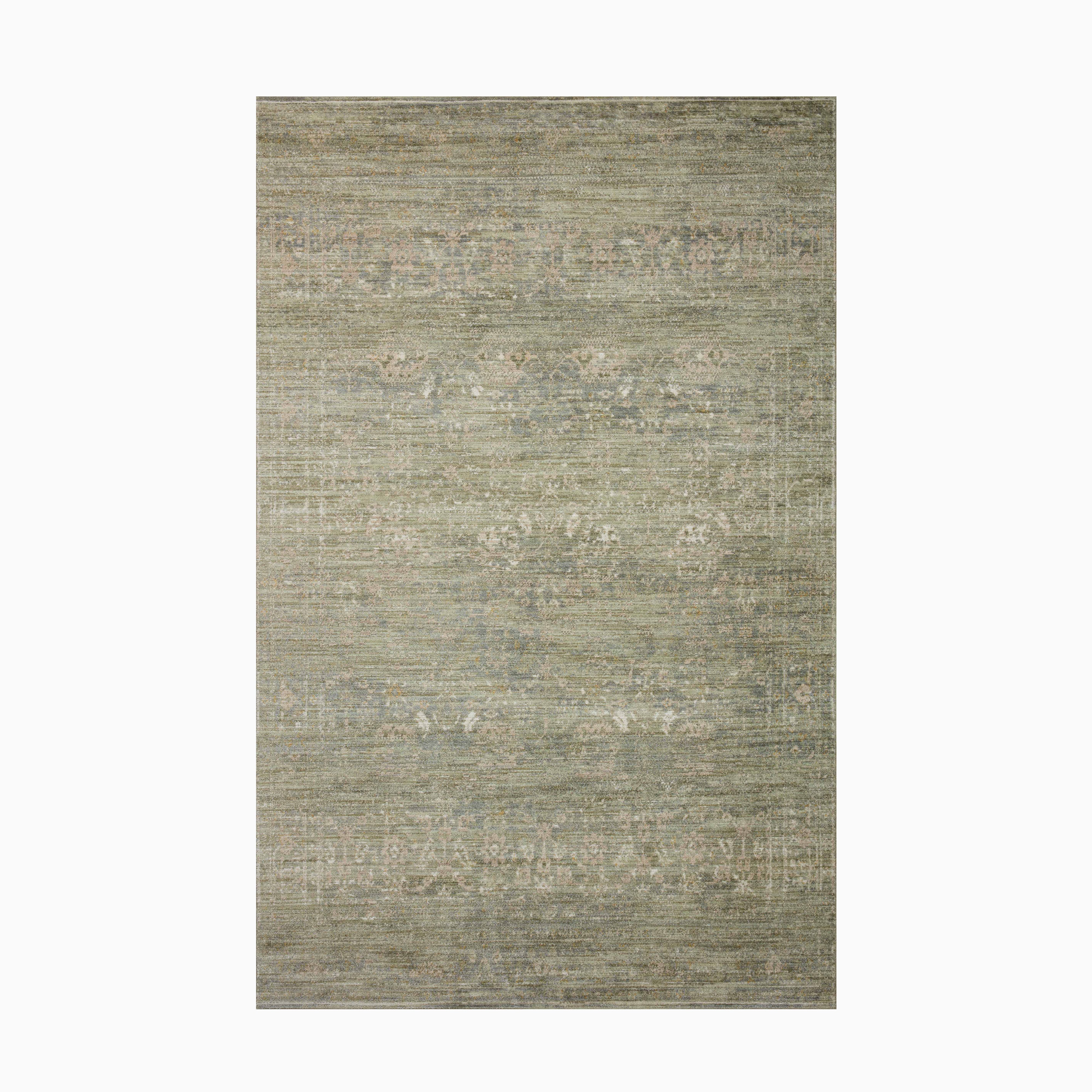 Power-loomed rug made of polyester and polypropylene, featuring a moss green and sand-toned blend for a contemporary, textured appeal.
