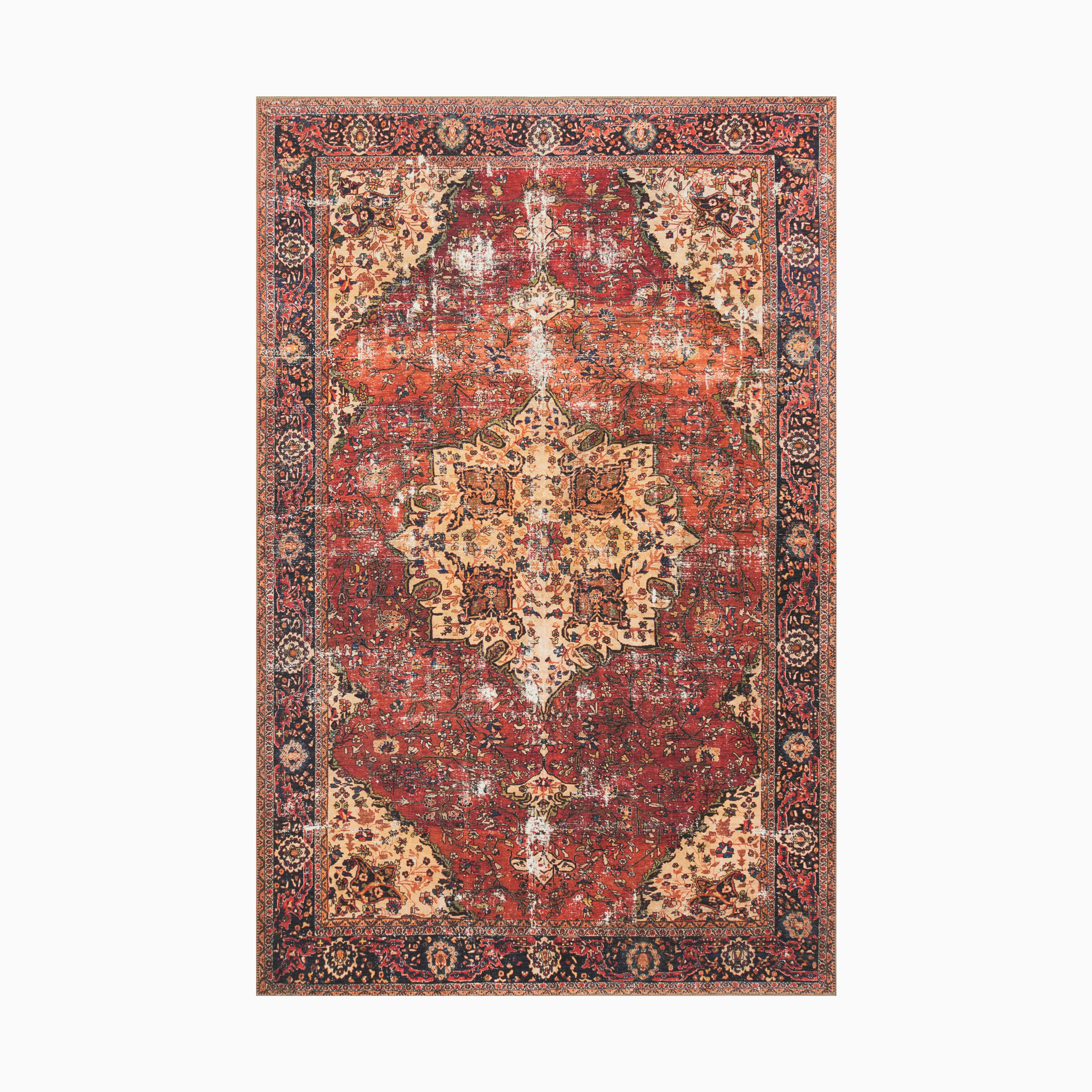 Transitional polyester face rug in rich brick red and deep midnight blue, power-loomed for durability with a timeless, vintage-inspired design.