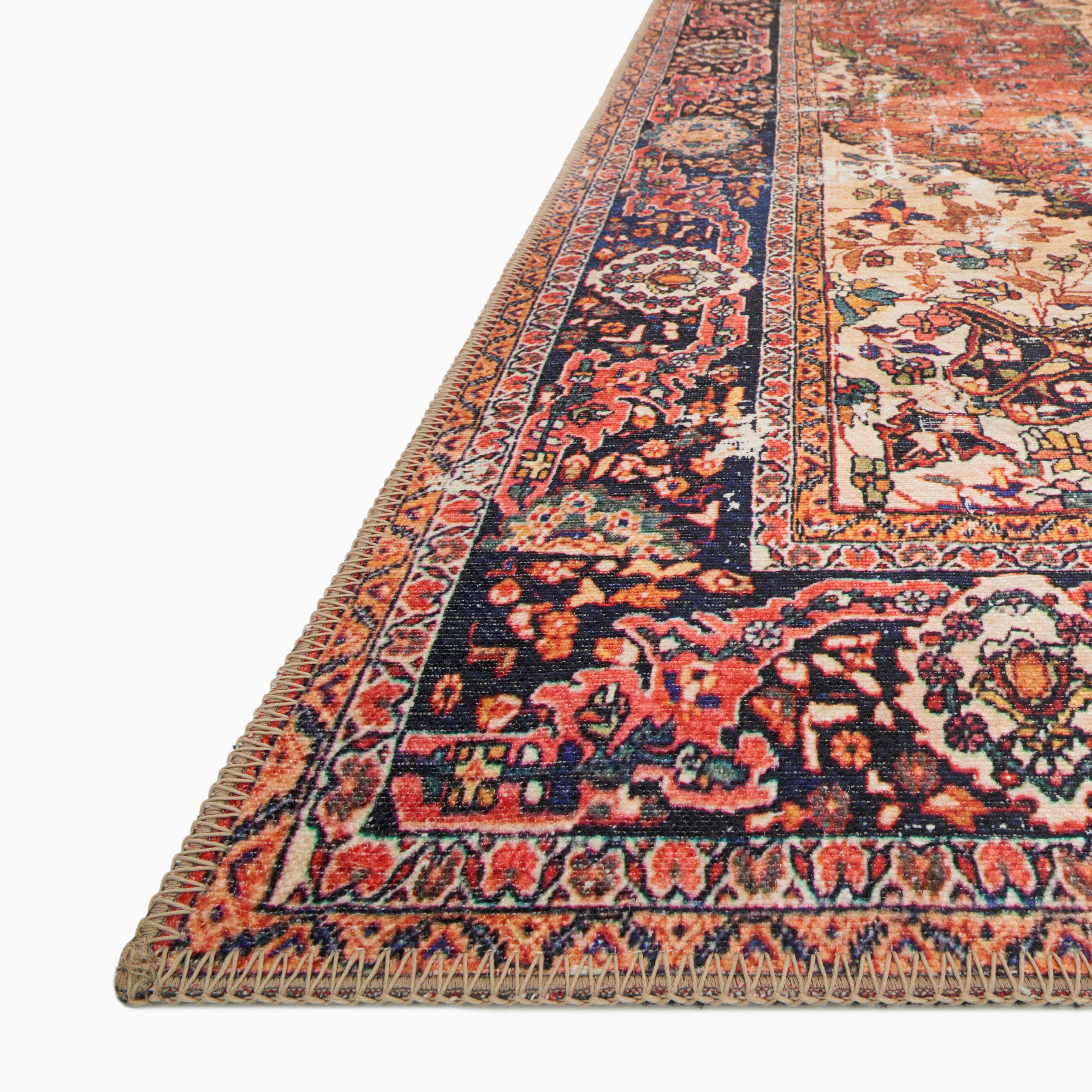 Pascal Polyester Face Rug in Brick / Midnight with a deep red base, beige medallion, and navy blue border, creating a traditional Persian-inspired look.