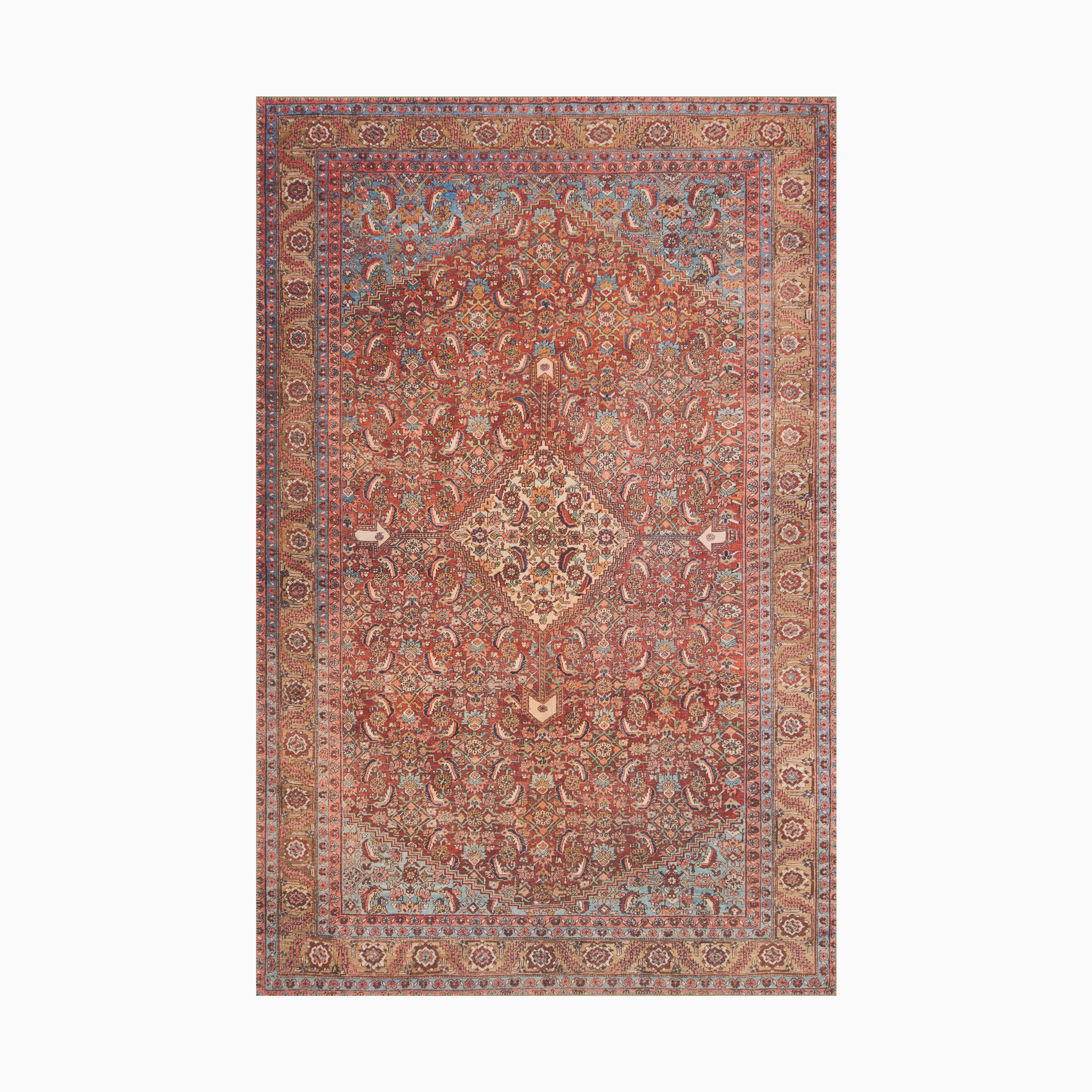 Pascal Polyester Face Rug in Brick / Multi featuring a vintage-inspired crimson and tan design with navy, sky blue, and rust details.