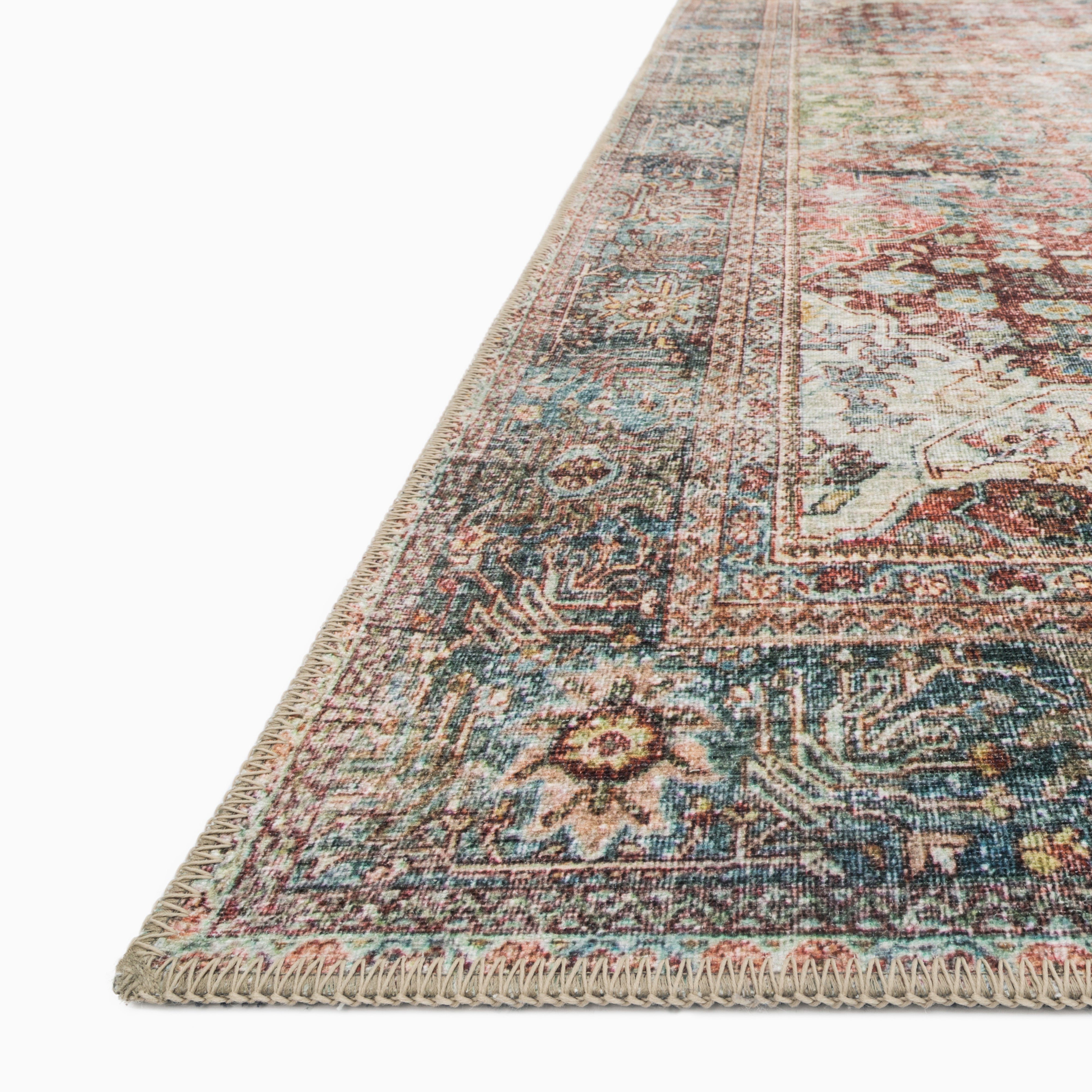 Pascal Polyester Face Rug in Burgundy / Multi, blending deep red hues with faded blue and cream details, creating an antique-style aesthetic.