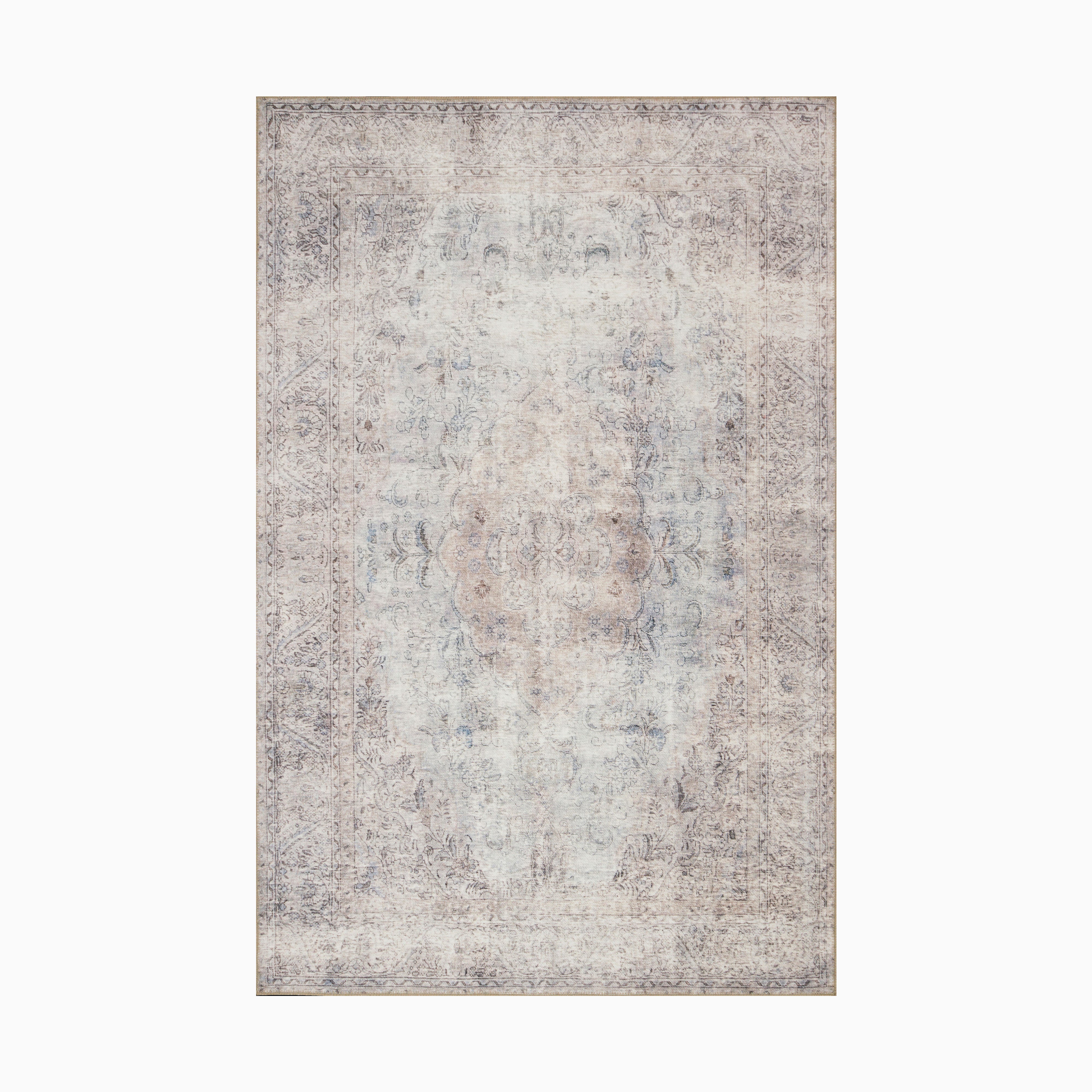 Power-loomed polyester face rug in platinum and mist gray, featuring a distressed transitional medallion pattern for a timeless look.