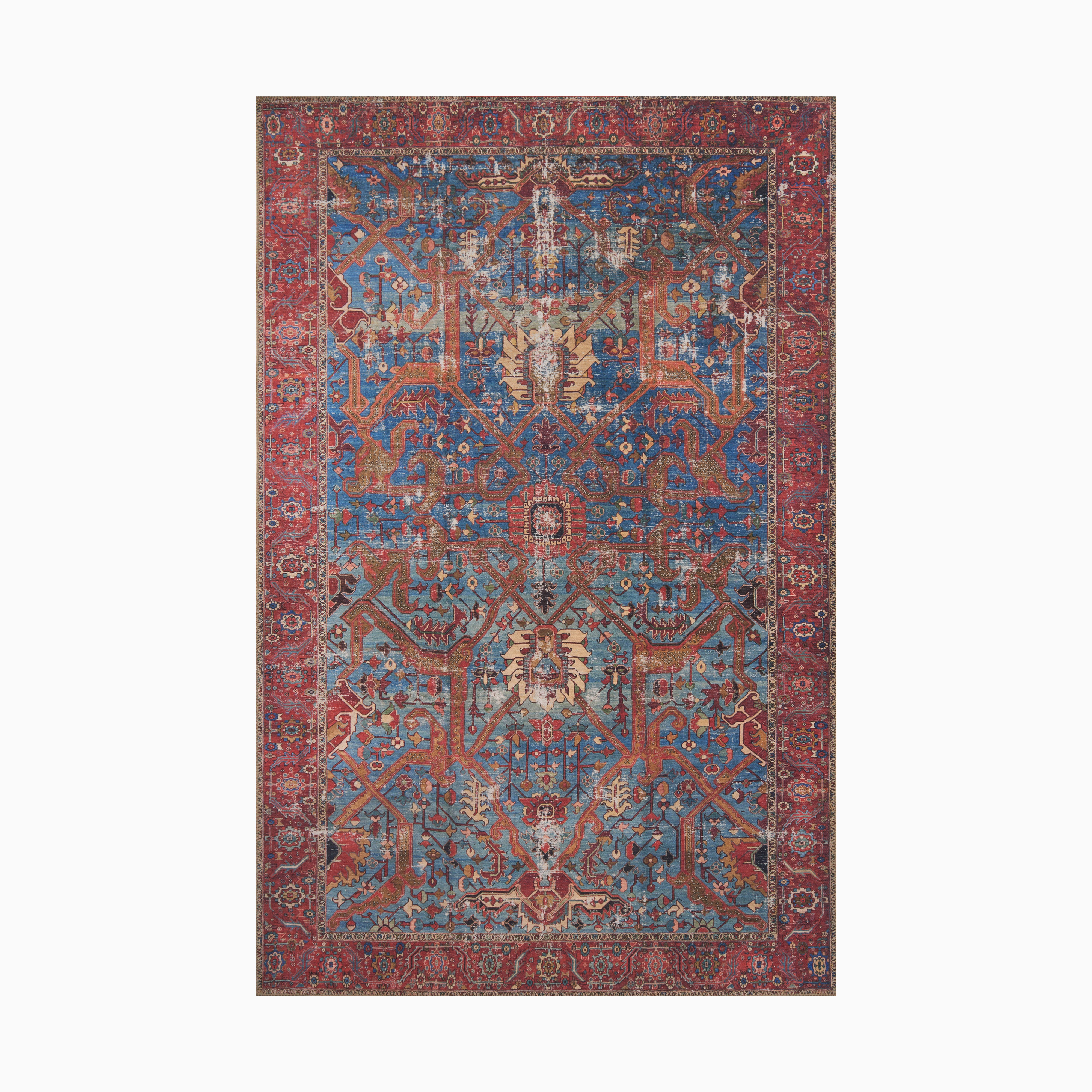 Durable power-loomed polyester rug in rouge and lake, blending rich hues with intricate ornamental designs for a sophisticated transitional space.