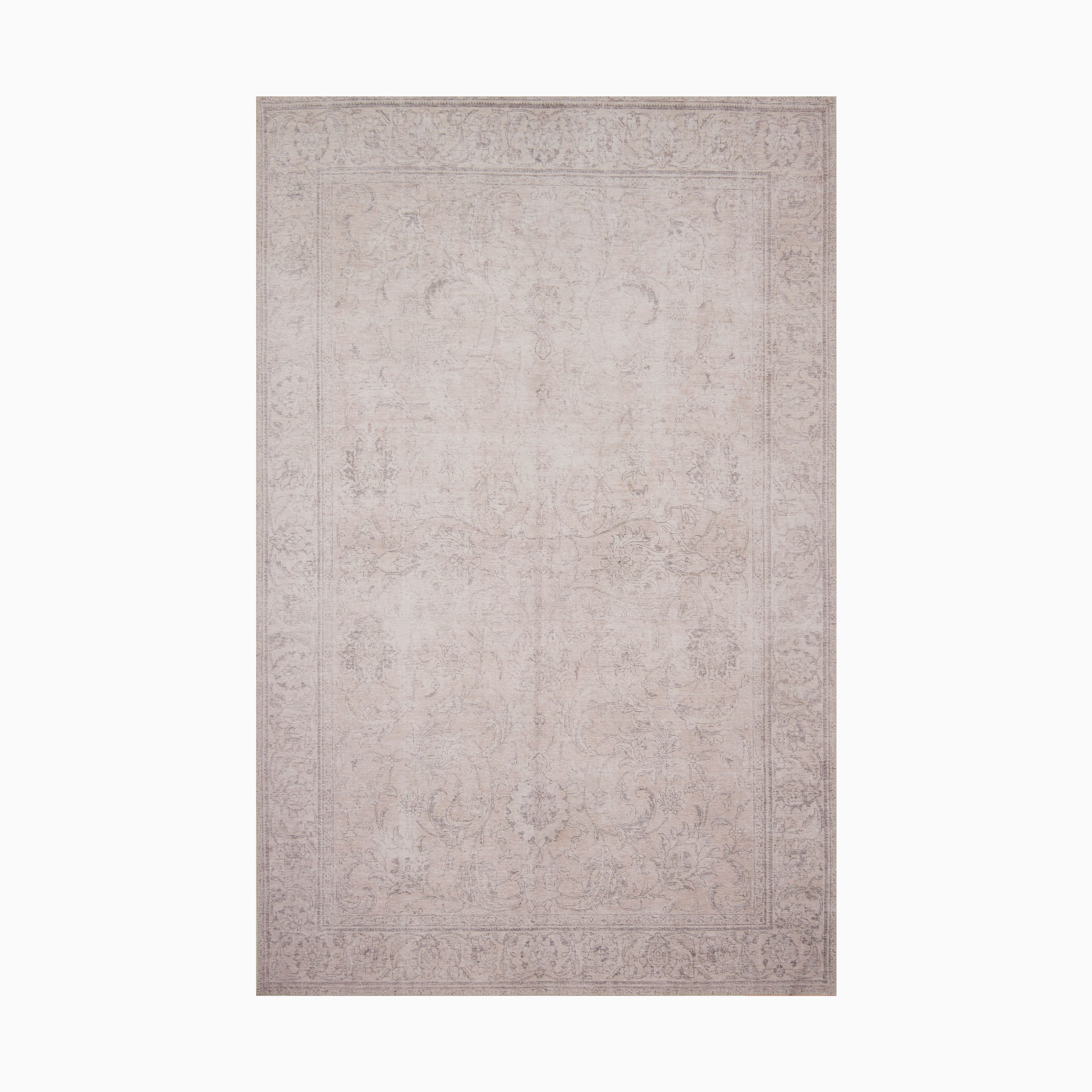 Transitional polyester face rug in taupe, power-loomed for precision, featuring a faded ornamental pattern for a timeless look.